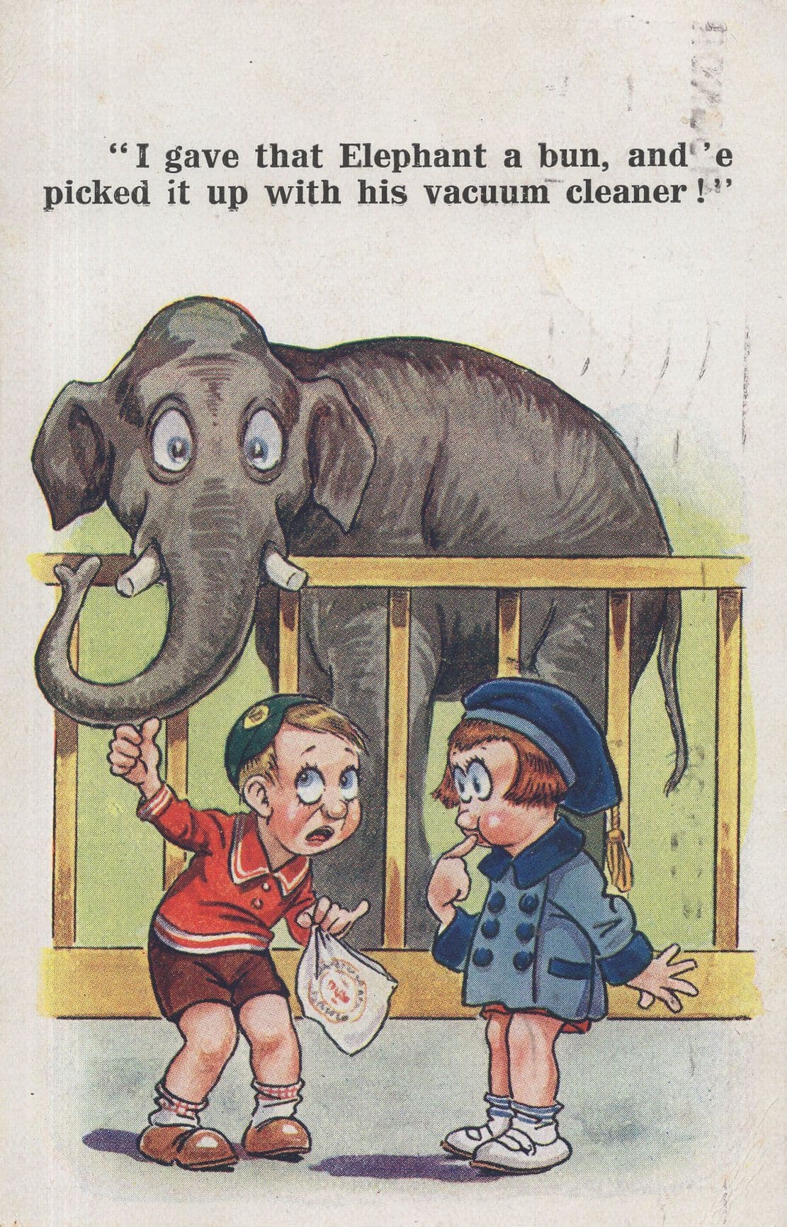 Children Feeding Zoo Elephant Comic Old Postcard