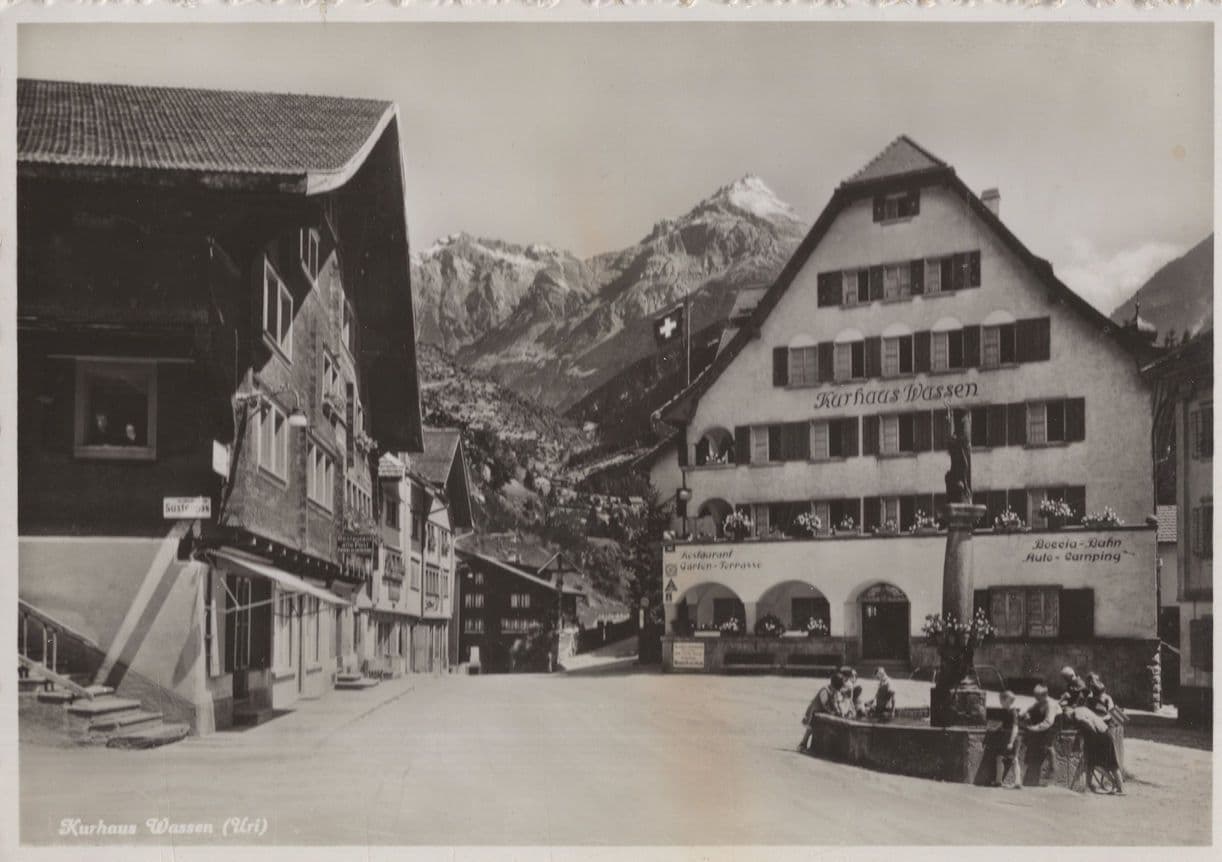 Children Gathered at Kurhaus Wassen Switzerland Camping Postcard