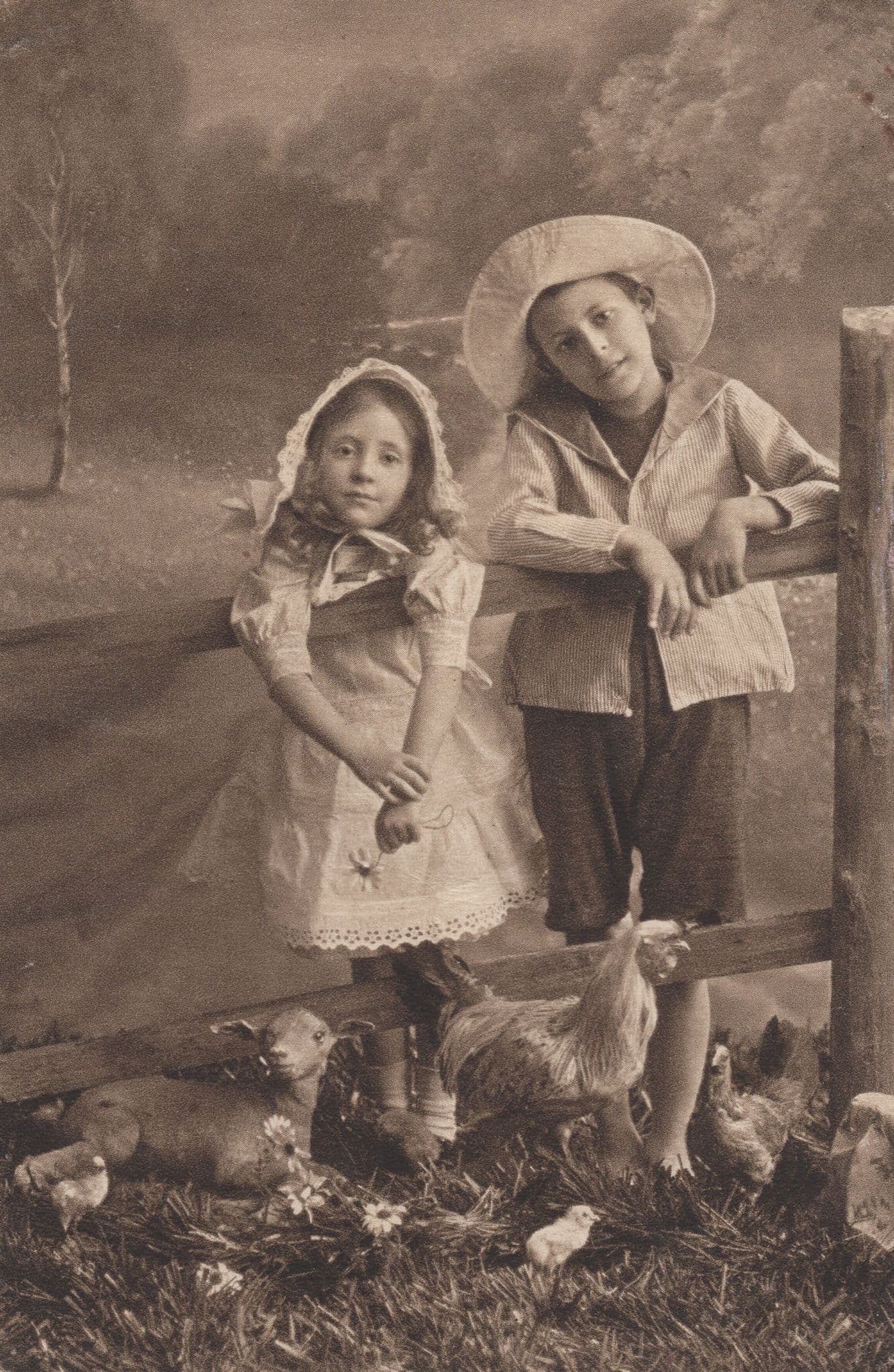 Children On A Toy Farm Stuffed Hens Birds Farming Old Postcard