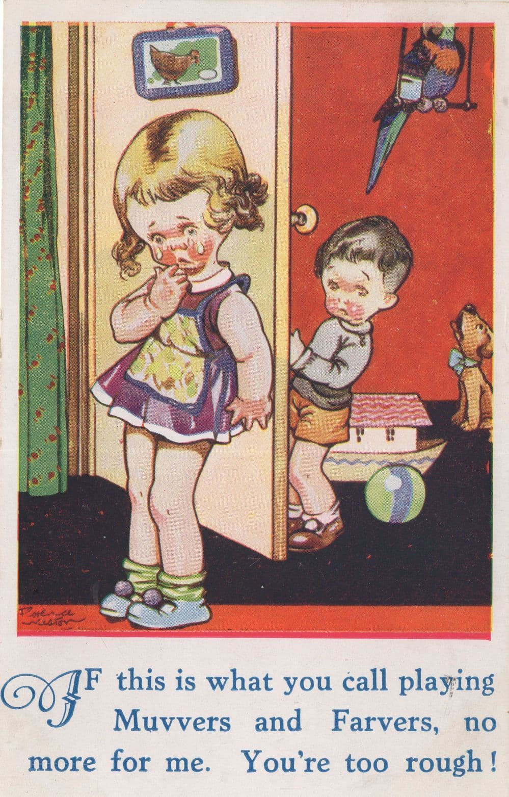 Children Playing Grown Ups Parlour Game Parrott Old Comic Postcard