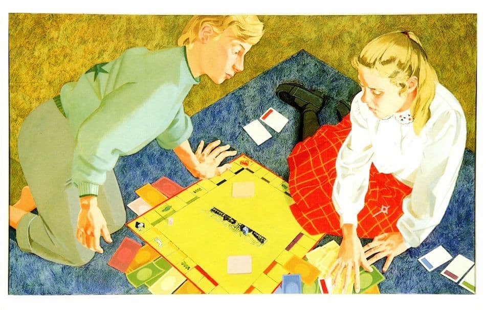 Children Playing Monopoly Money Board Game Painting Postcard