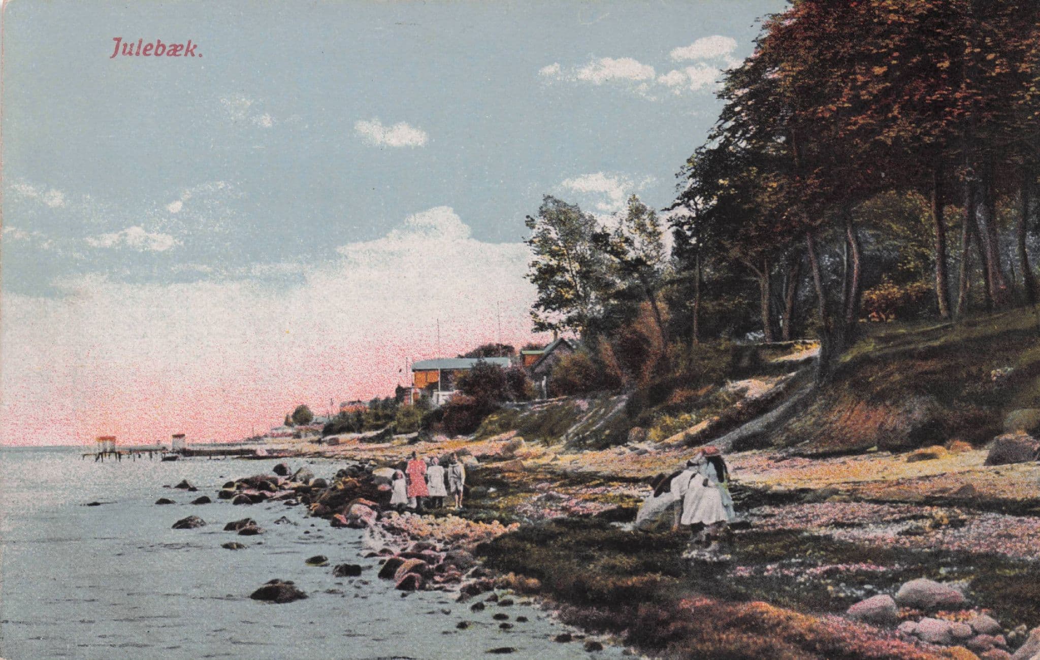 Children Playing On Julebak Beach Denmark Antique Postcard