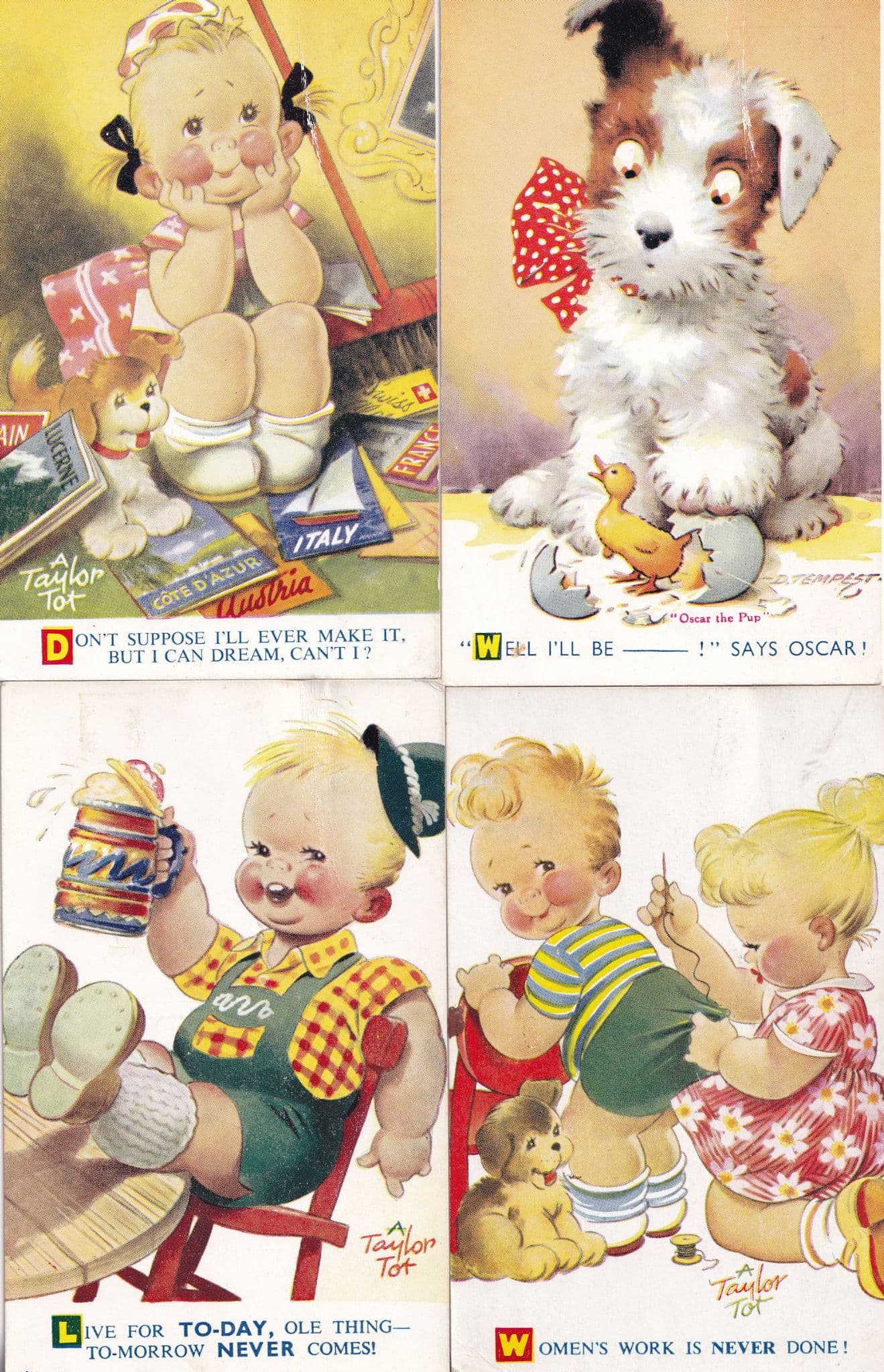 Children Sewing Knitting Drinking Dog 4x Cute Comic Postcard s