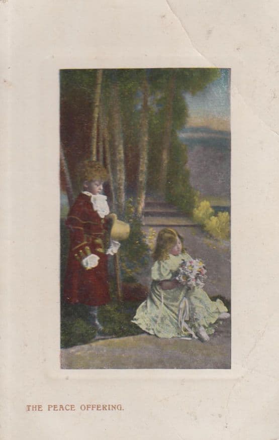 Children With Peace Offering Boy Child Gives Girl Flowers Antique Postcard