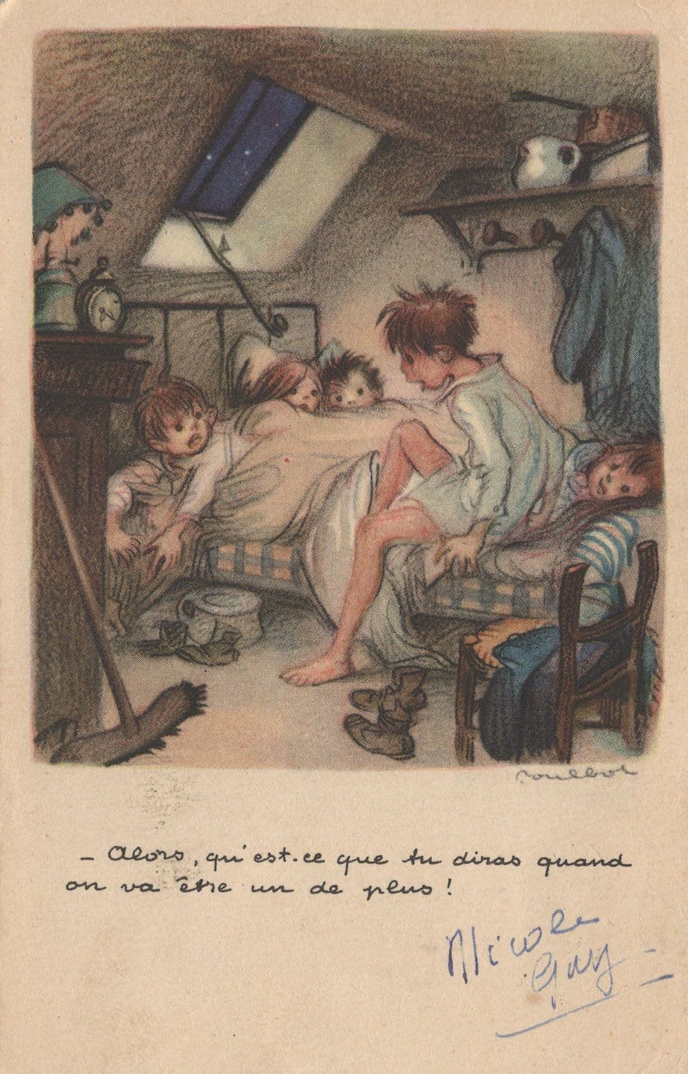 Childrens Overcrowded Bedroom Antique Clock Old French Postcard