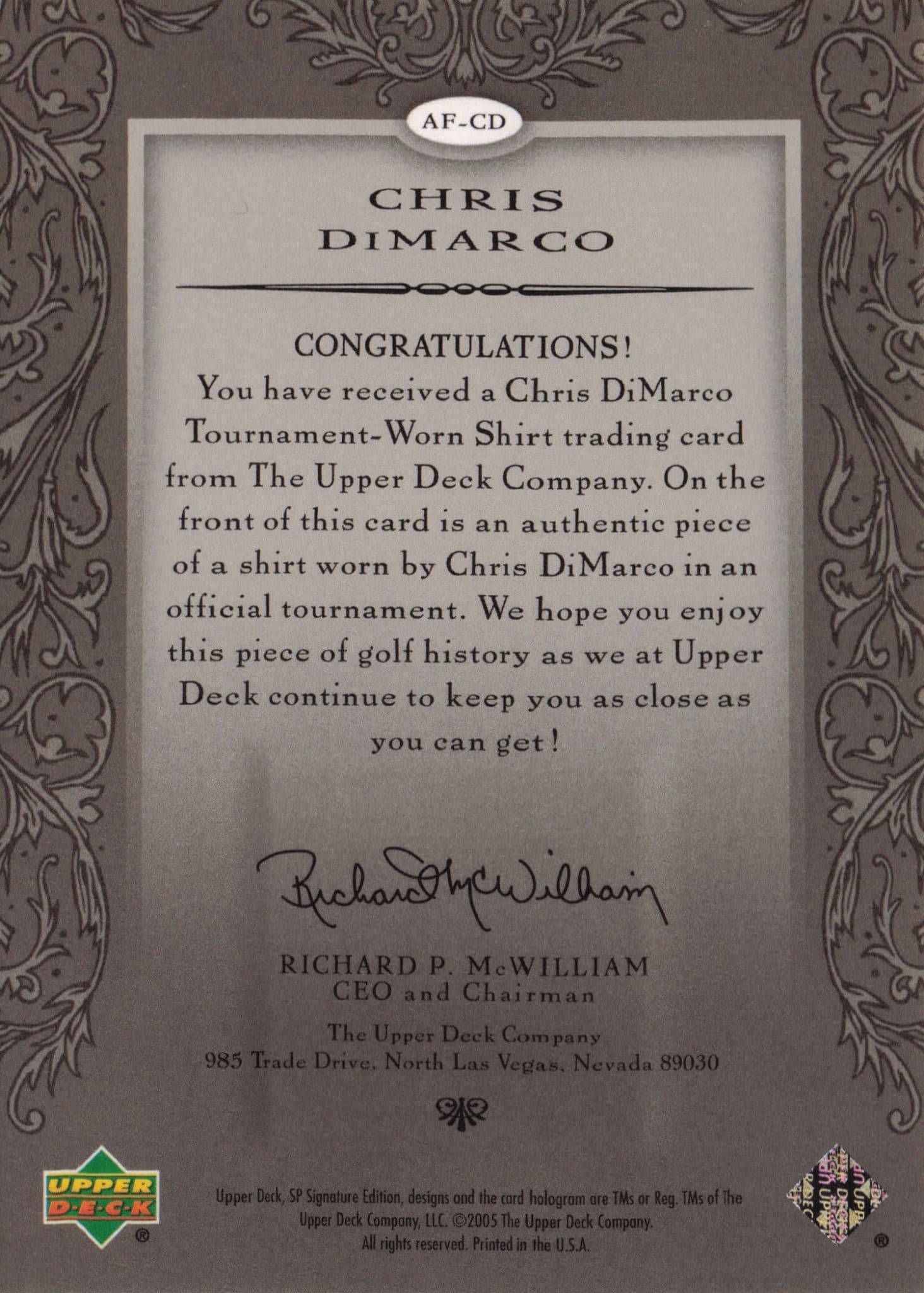 Chris DiMarco Authentic Fabrics 2005 SP Golf Upper Deck Worn Shirt Card