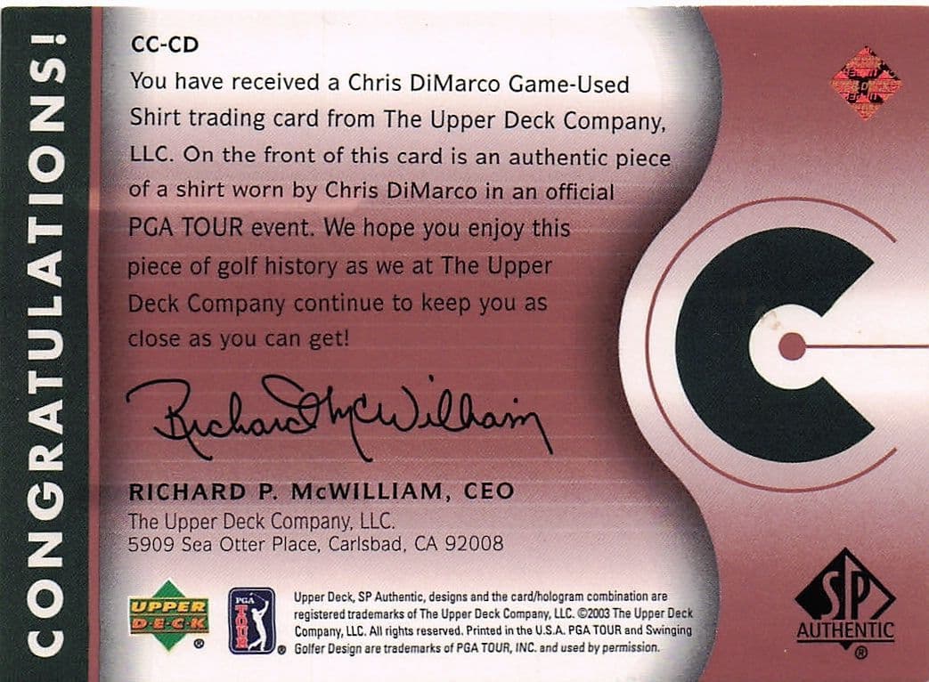 Chris DiMarco Course Classics 2003 Authentic Worn PGA Tour Golf Shirt Card