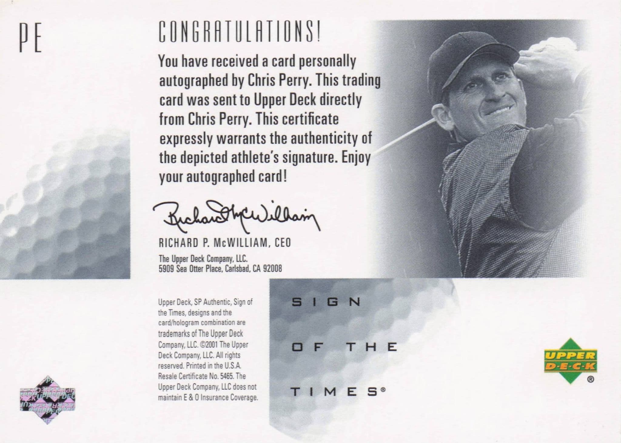 Chris Perry Sign Of The Times Hand Signed 2001 SP Golf Autograph Card