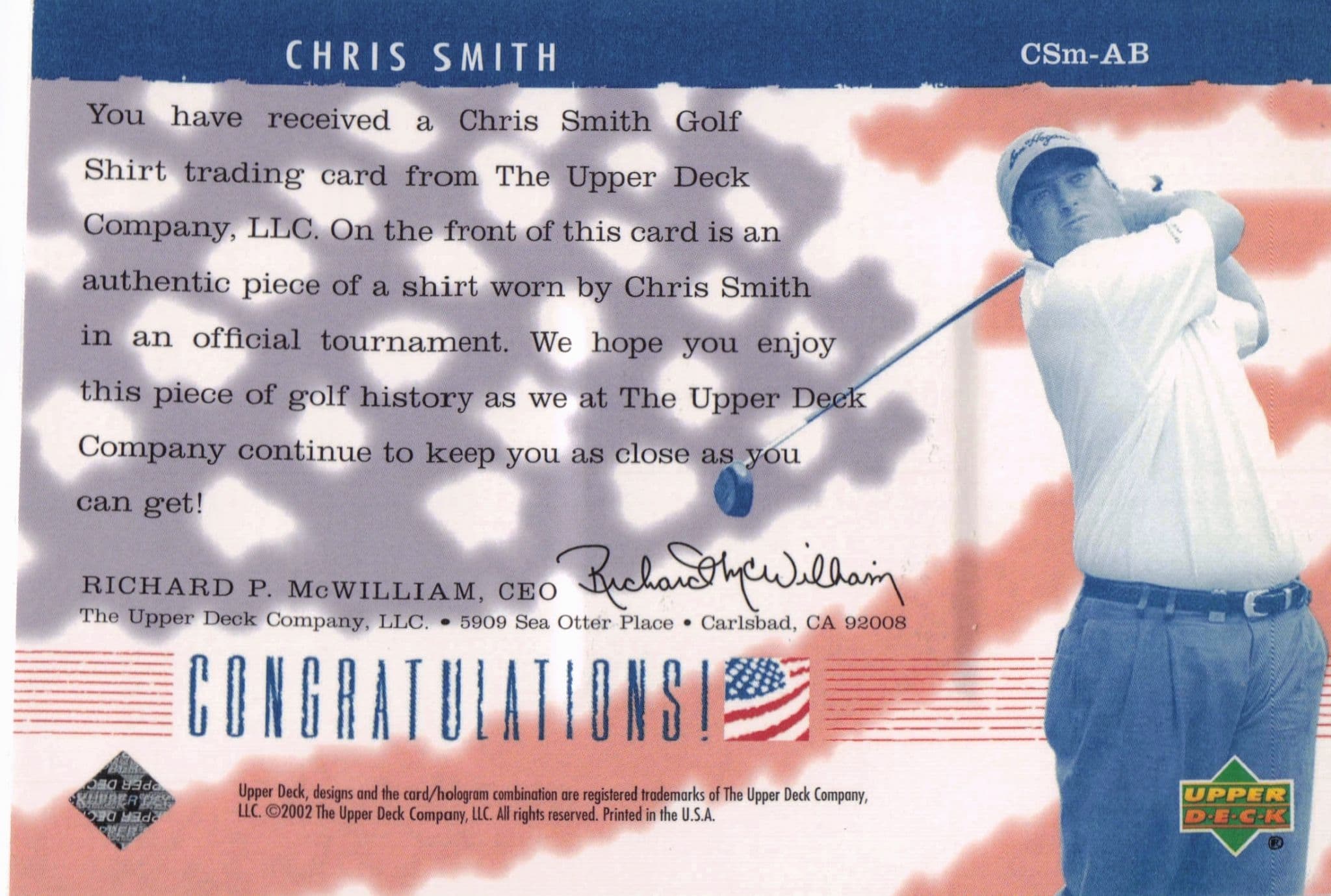 Chris Smith America's Best 2002 Upper Deck Real Worn Golf Shirt Card