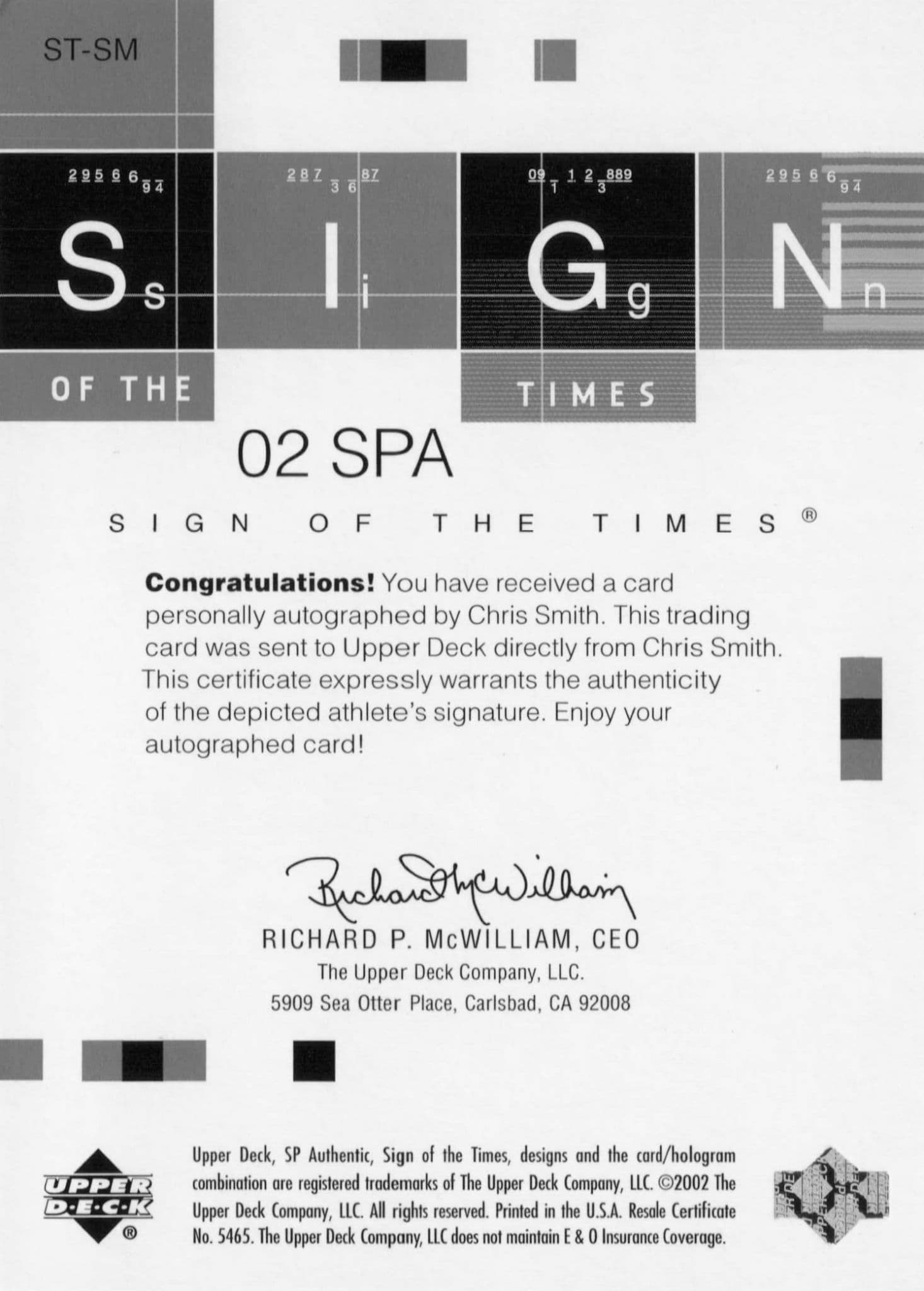 Chris Smith Sign Of The Times Hand Signed 2002 SP Golf Autograph Card