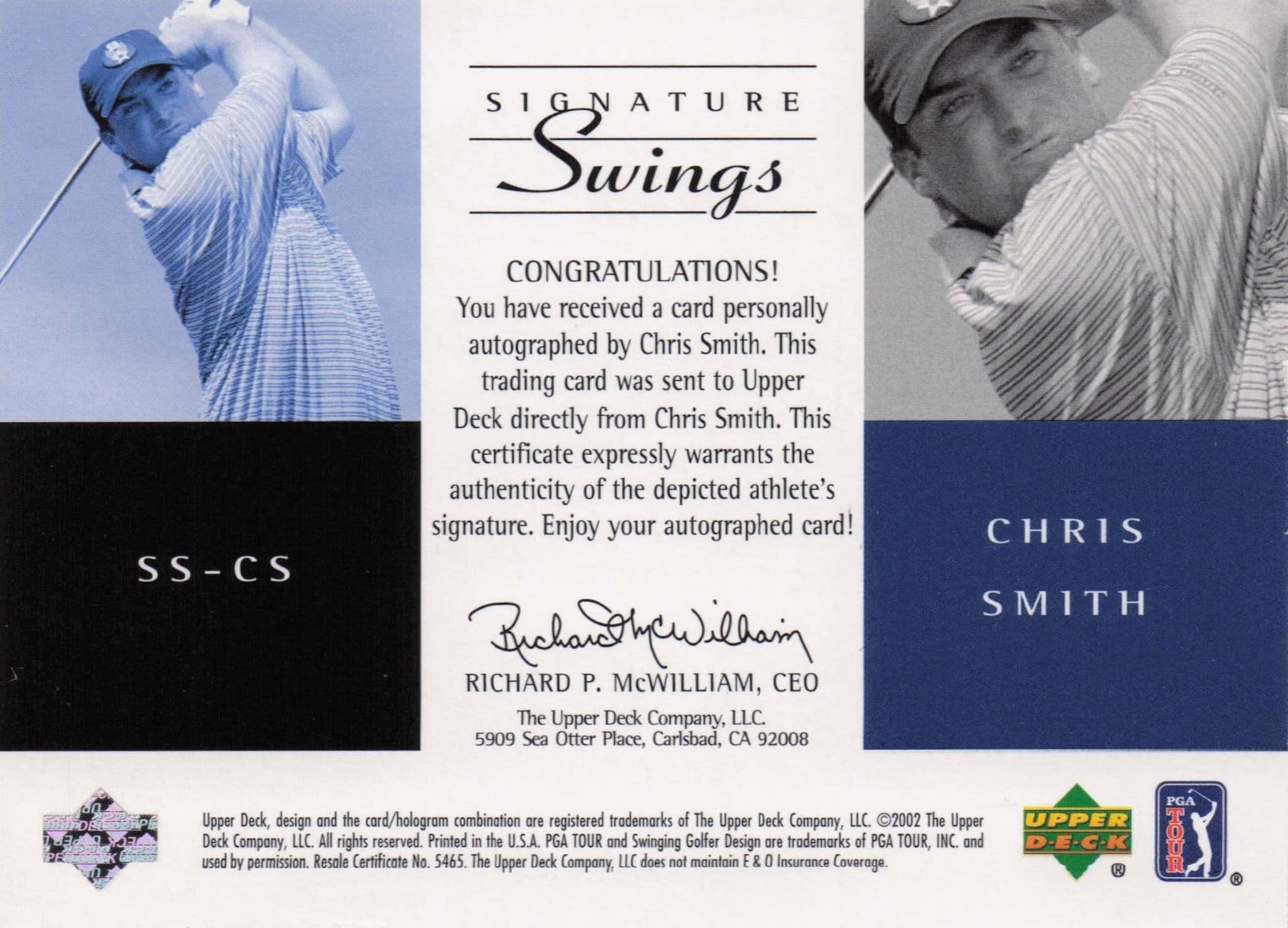 Chris Smith Signature Swings Hand Signed 2002 SP Golf Autograph Card