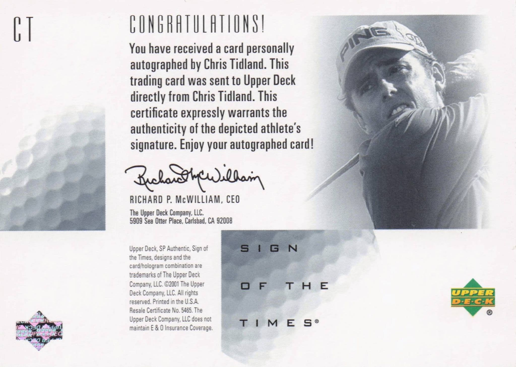 Chris Tidland Sign Of The Times Hand Signed 2001 SP Golf Autograph Card