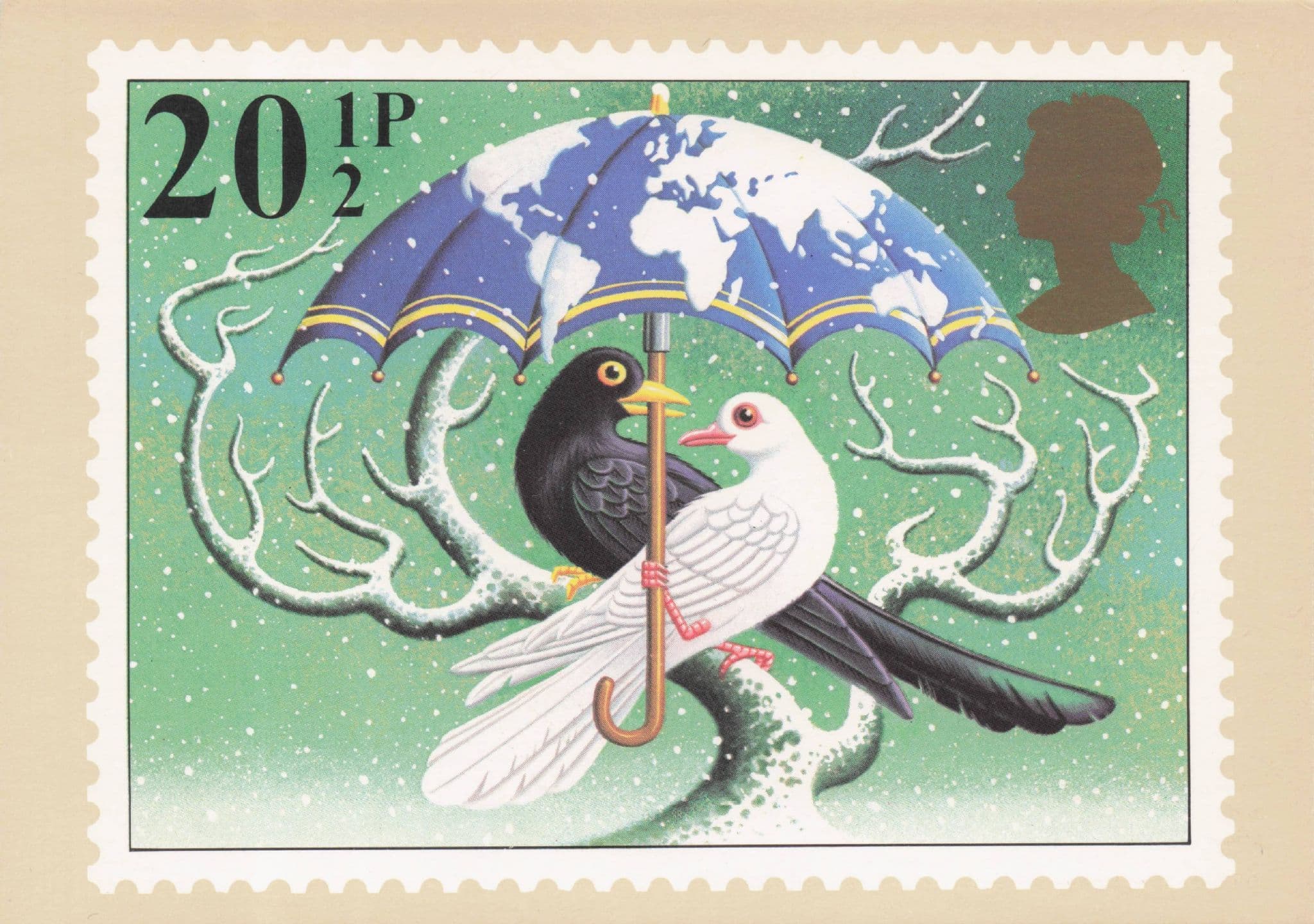 Christmas Pigeon Birds Playing Under Umbrella Painting Royal Mail Postcard