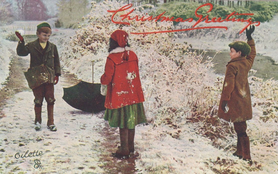 Christmas Piggy In The Middle Snowball Fight Oilette Postcard
