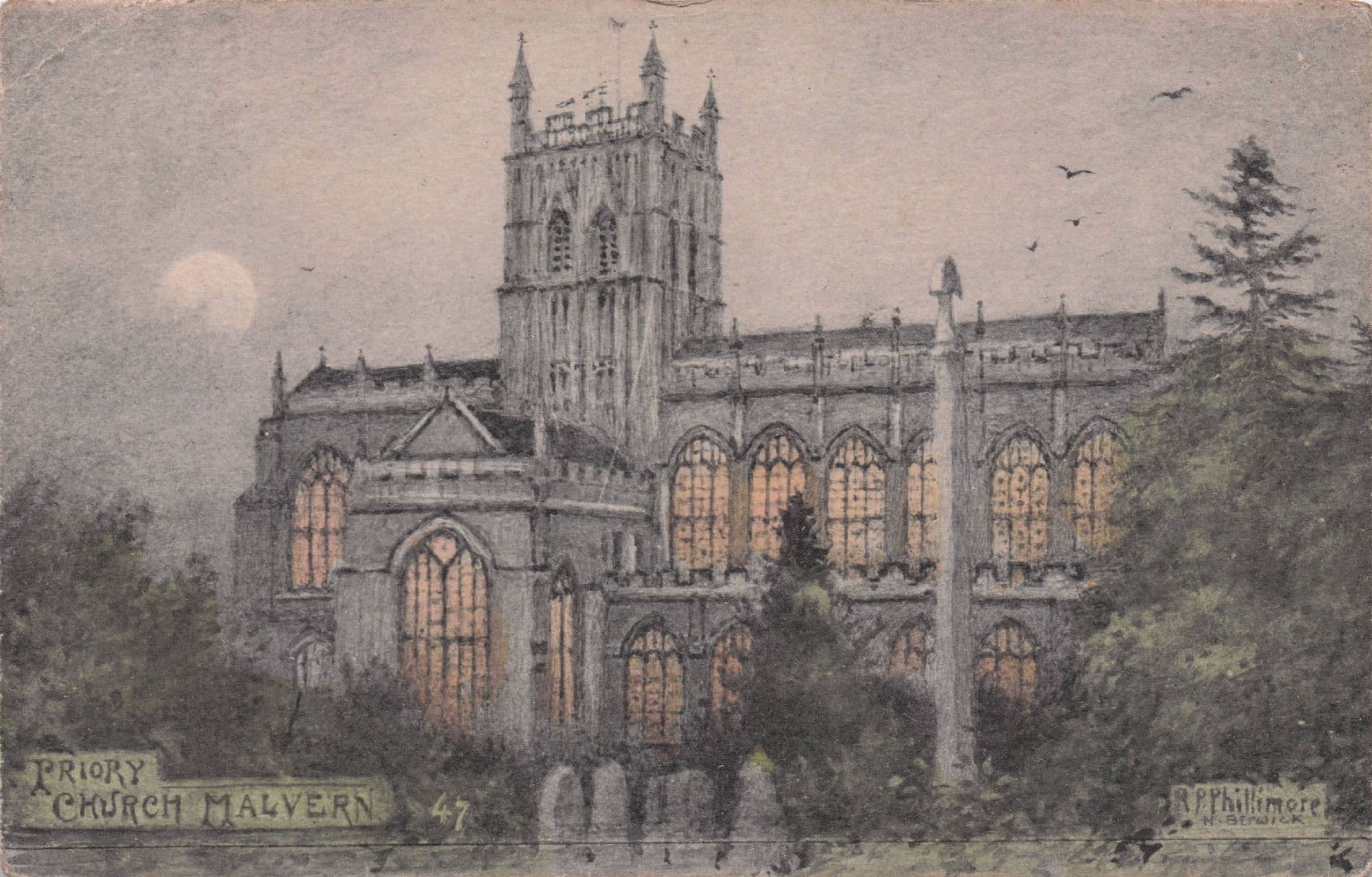 Church Malvern Priory Glowing Windows Phillimore Old Postcard