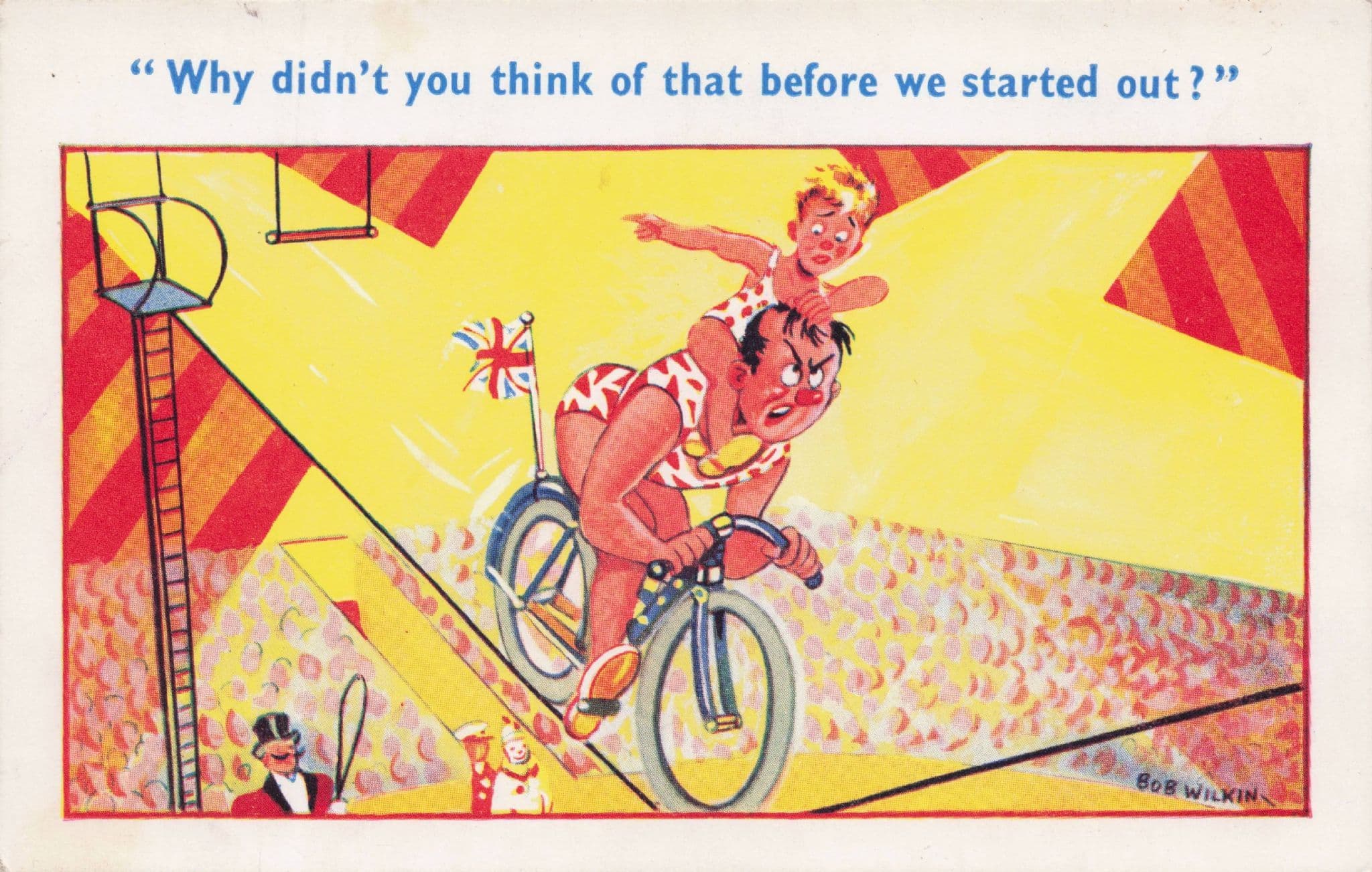 Circus Tightrope Stunt Cyclist Vintage 1970s Comic Postcard
