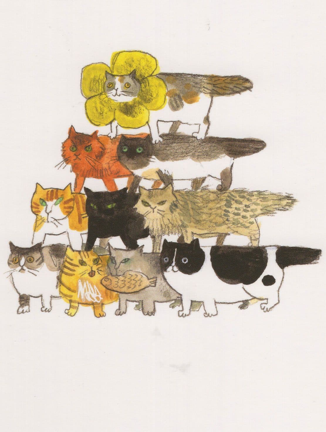 Circus Tower Of Balancing Cats Comic Cat Fish Painting Postcard