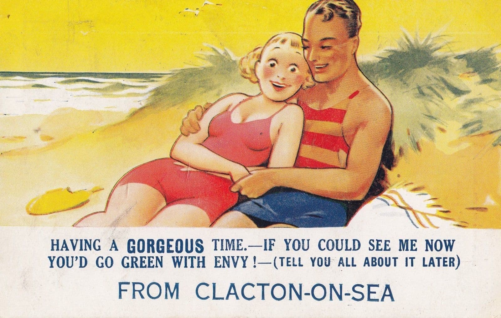 Clacton On Sea Essex Green With Envy Antique 1930s Comic Postcard