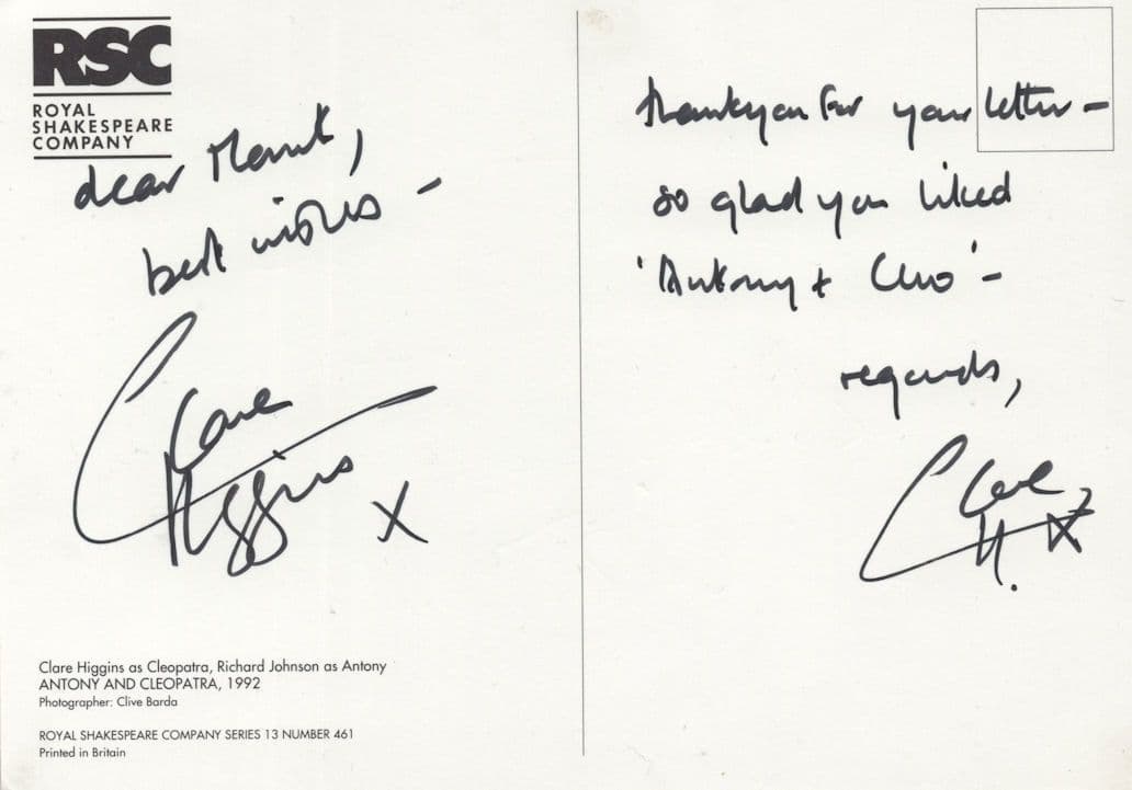 Clare Higgins Antony & Cleopatra Double Hand Signed Card Photo