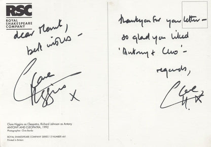 Clare Higgins Antony & Cleopatra Double Hand Signed Card Photo