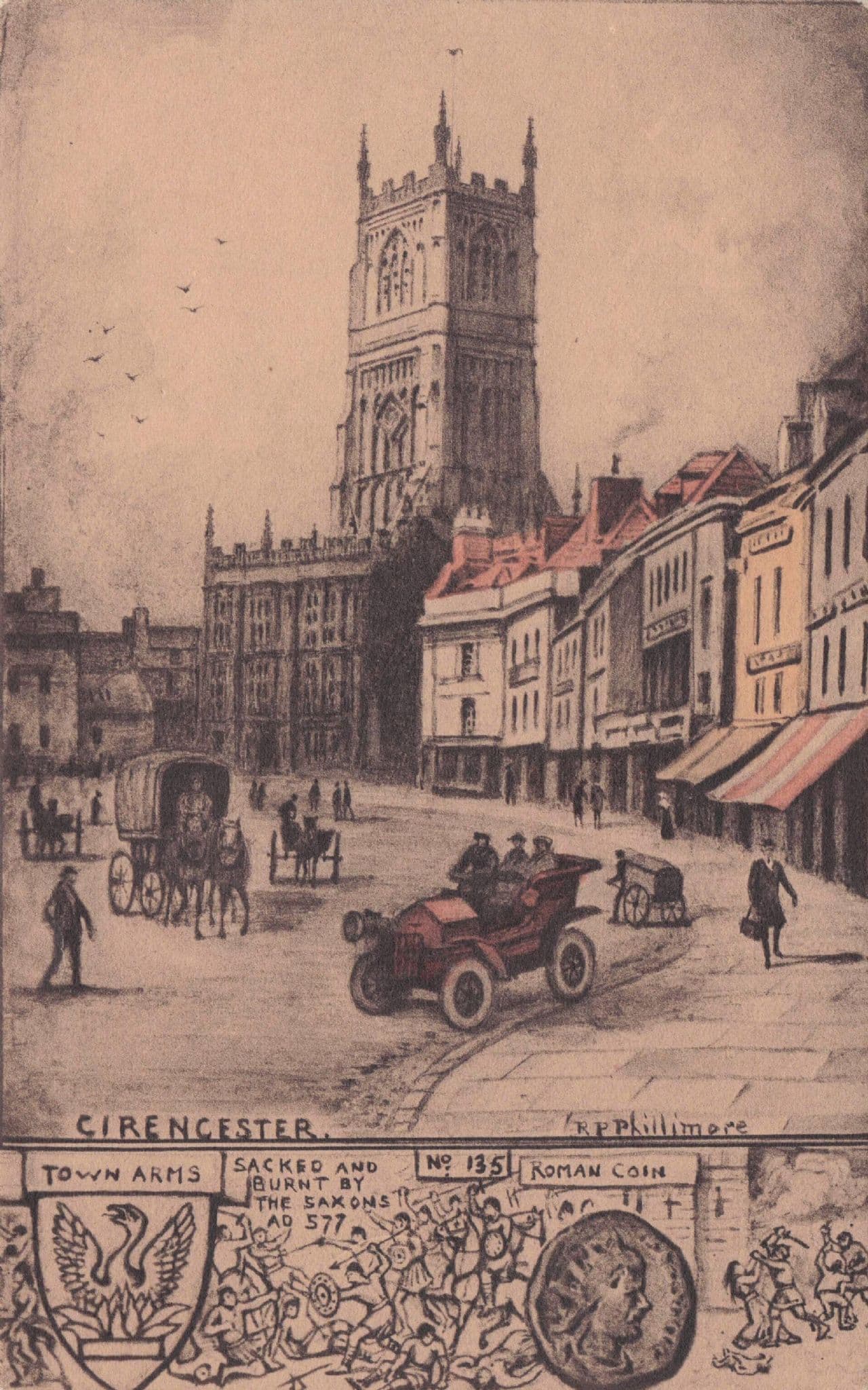 Classic Car at Cirencester Gloucs Old Roman Coin Saxon Army Phillimore Postcard