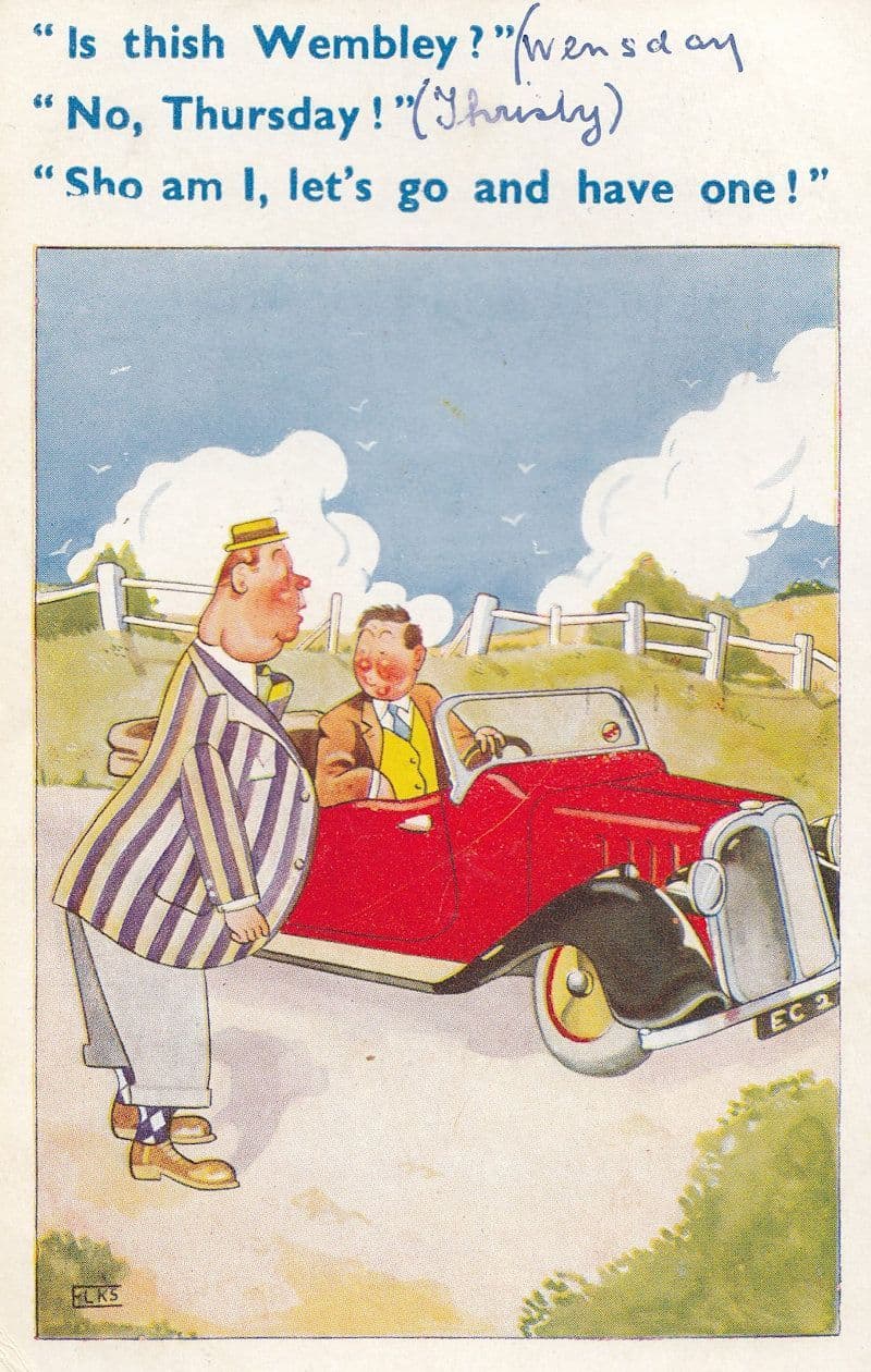Classic Sports Car Arrives At Wembley Old London Comic Postcard