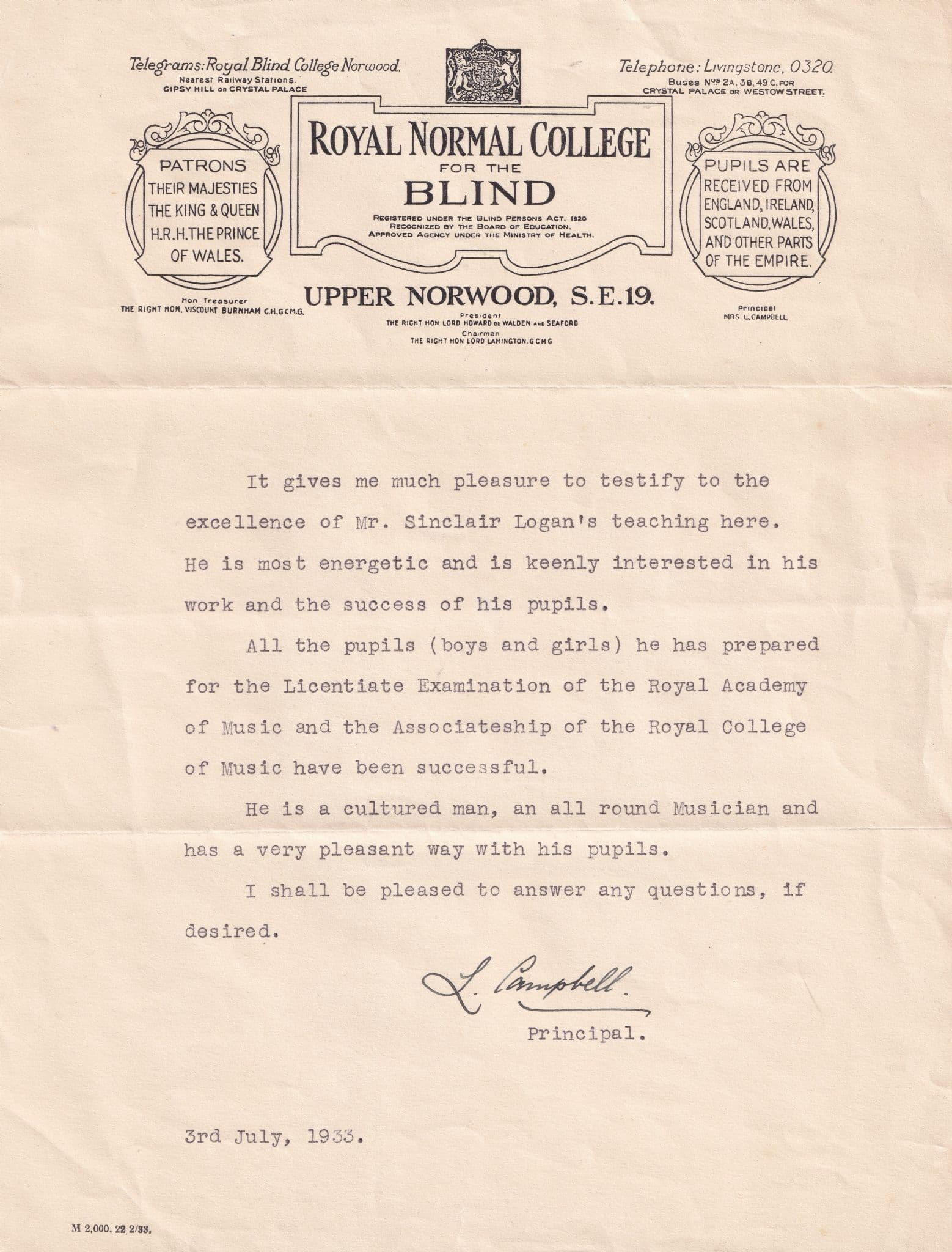 Classical Composer Royal Normal College For The Blind Hand Signed Letter