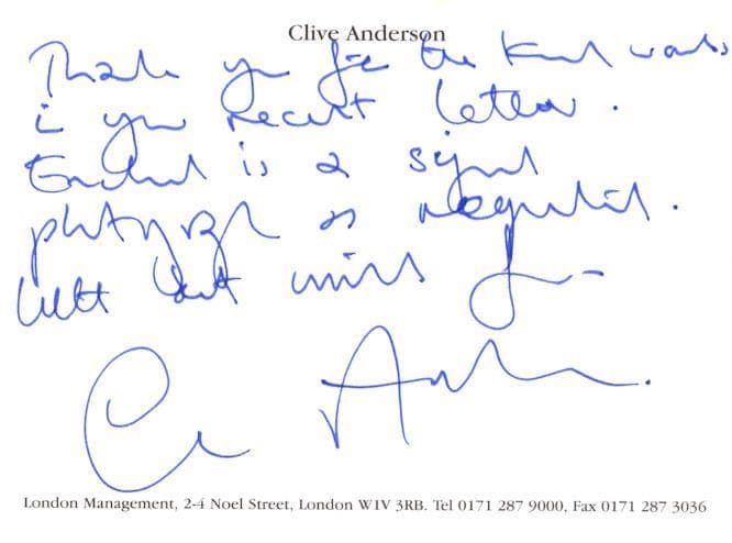 Clive Anderson Signed Official Headed Paper Card Autograph