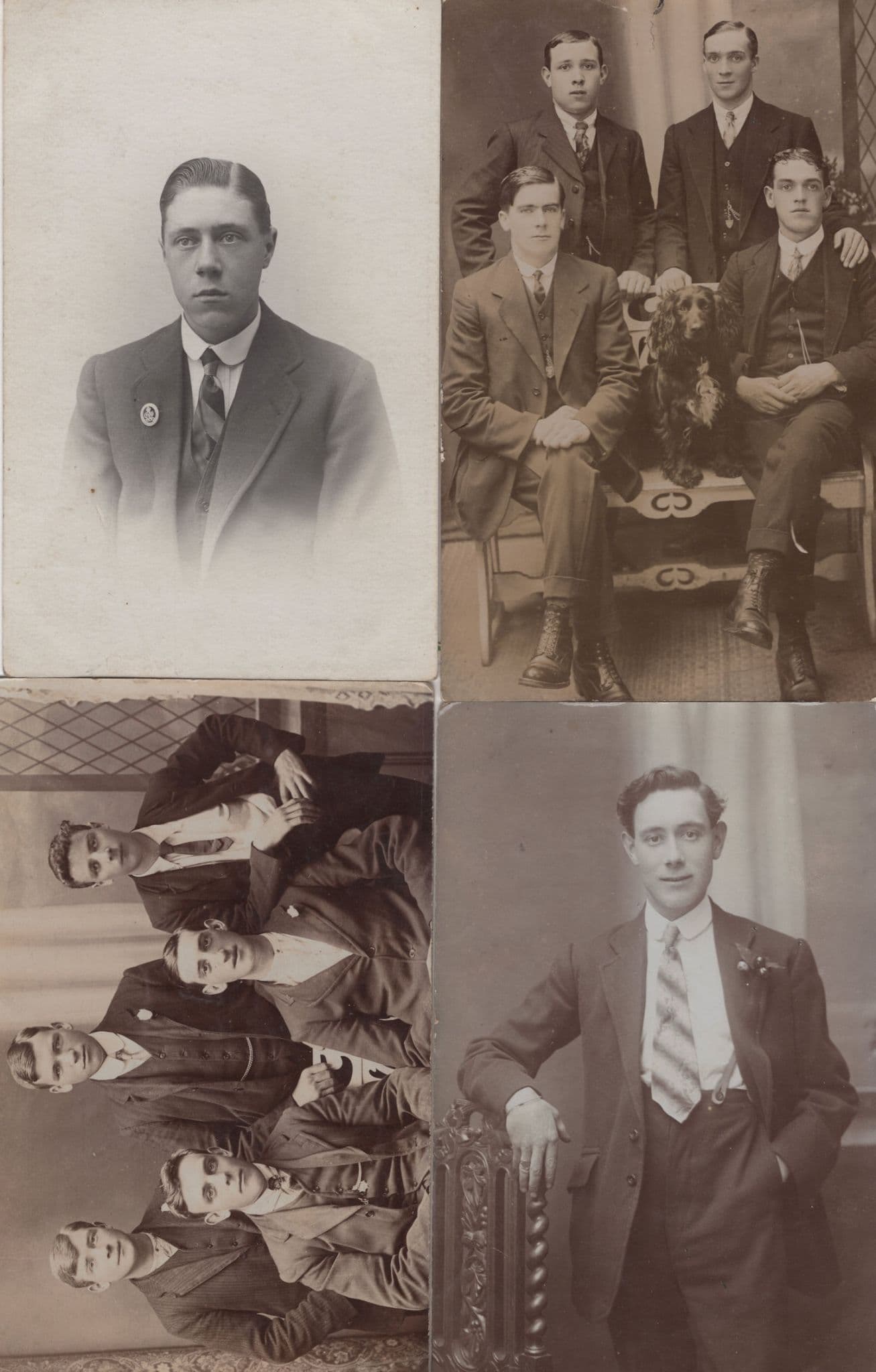 Cocky Young Men & A Rare Badge 4x Old Portrait Postcard s