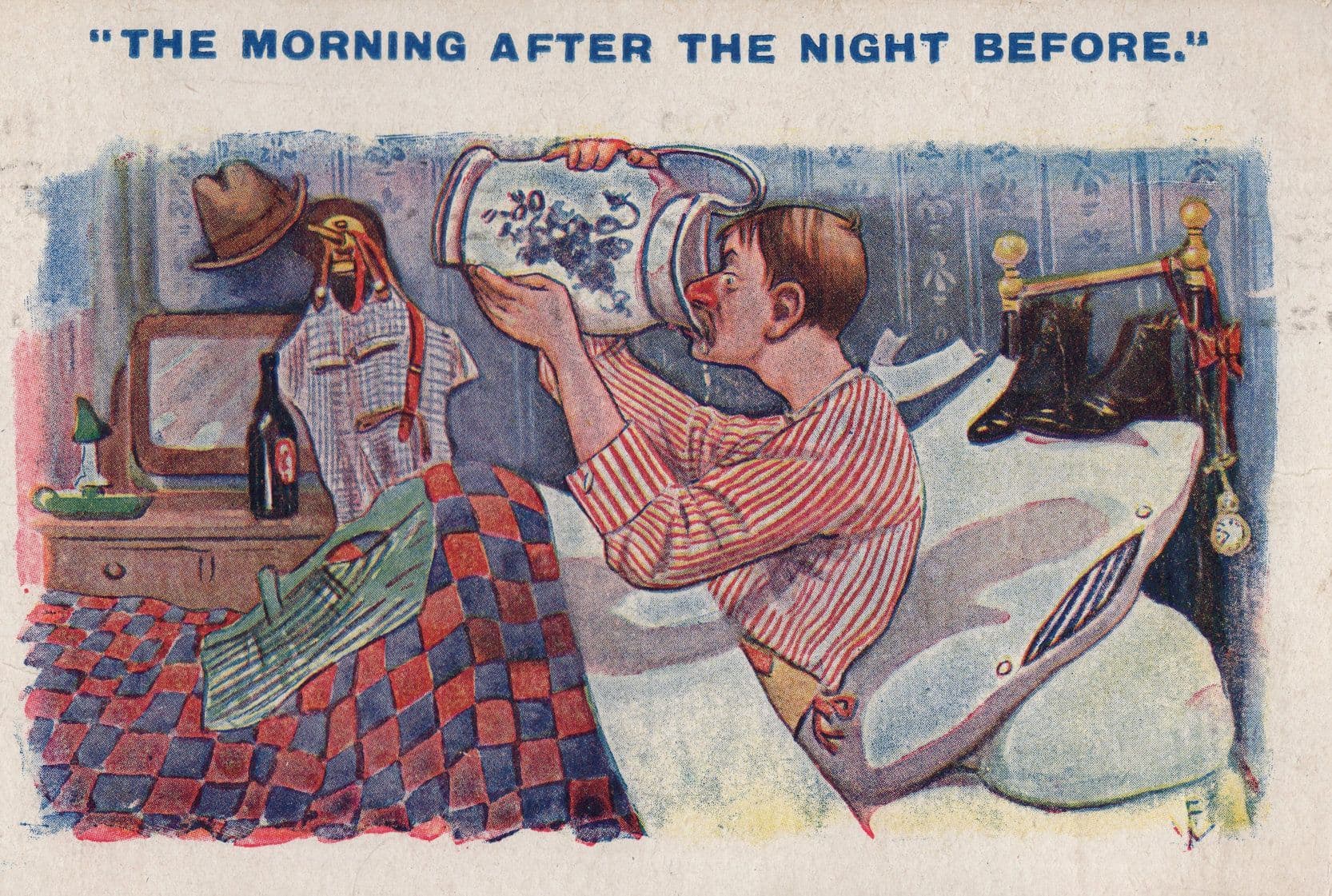 Coffee Out Of Huge Jug Hangover Pottery Antique Comic Postcard