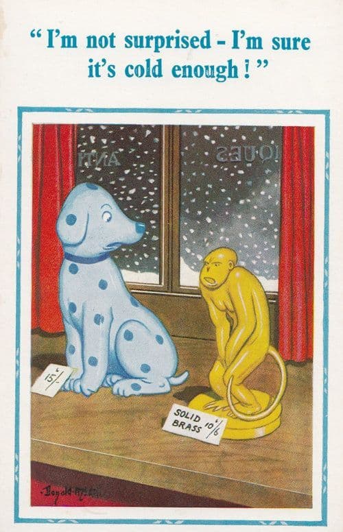 Cold As Brass Monkeys Dog Statue Comic Postcard