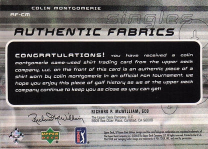 Colin Montgomerie Authentic Fabrics Singles Golf Upper Deck Worn Shirt Card