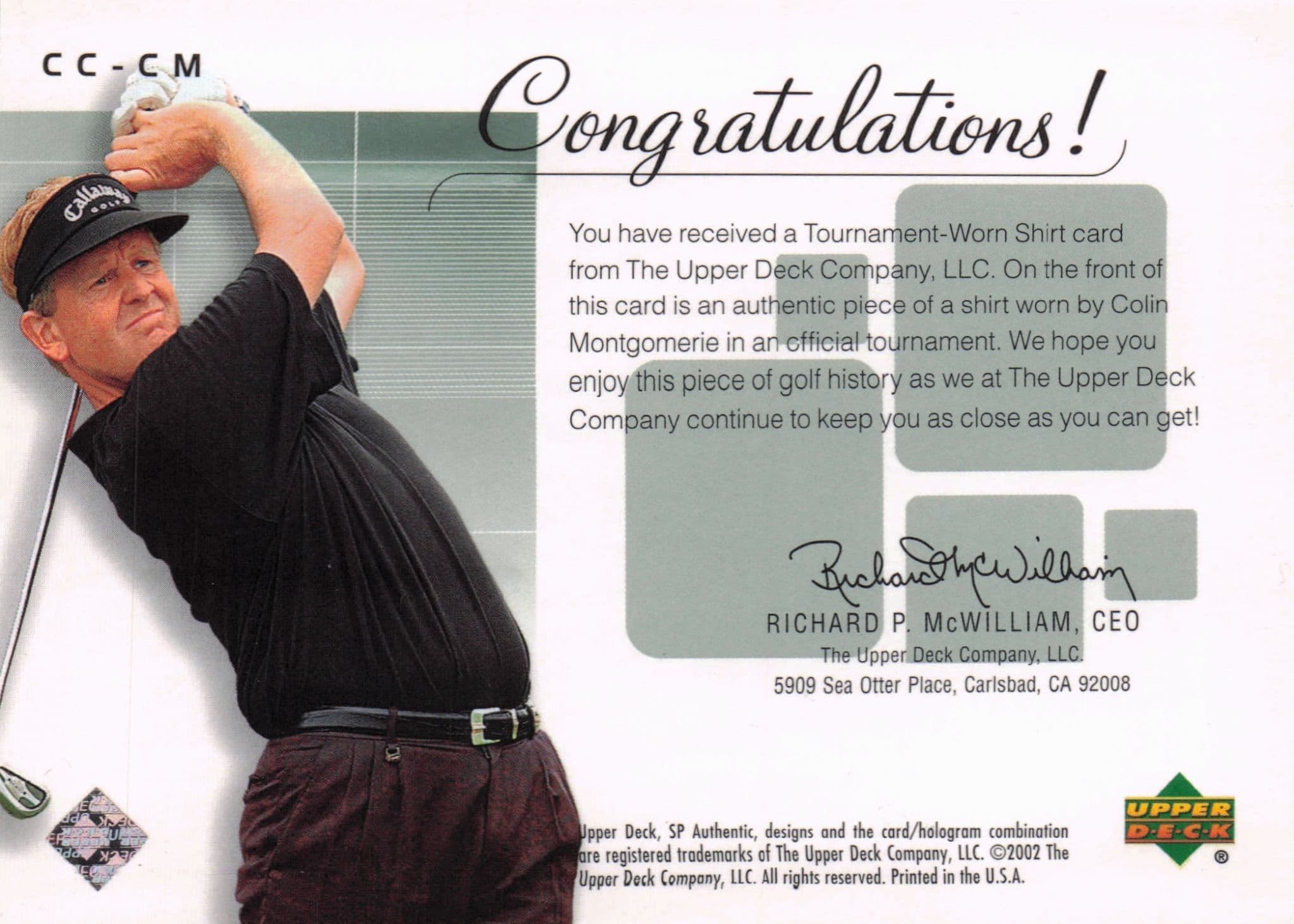 Colin Montgomerie Course Classics Upper Deck 2002 Real Relic Golf Shirt Card