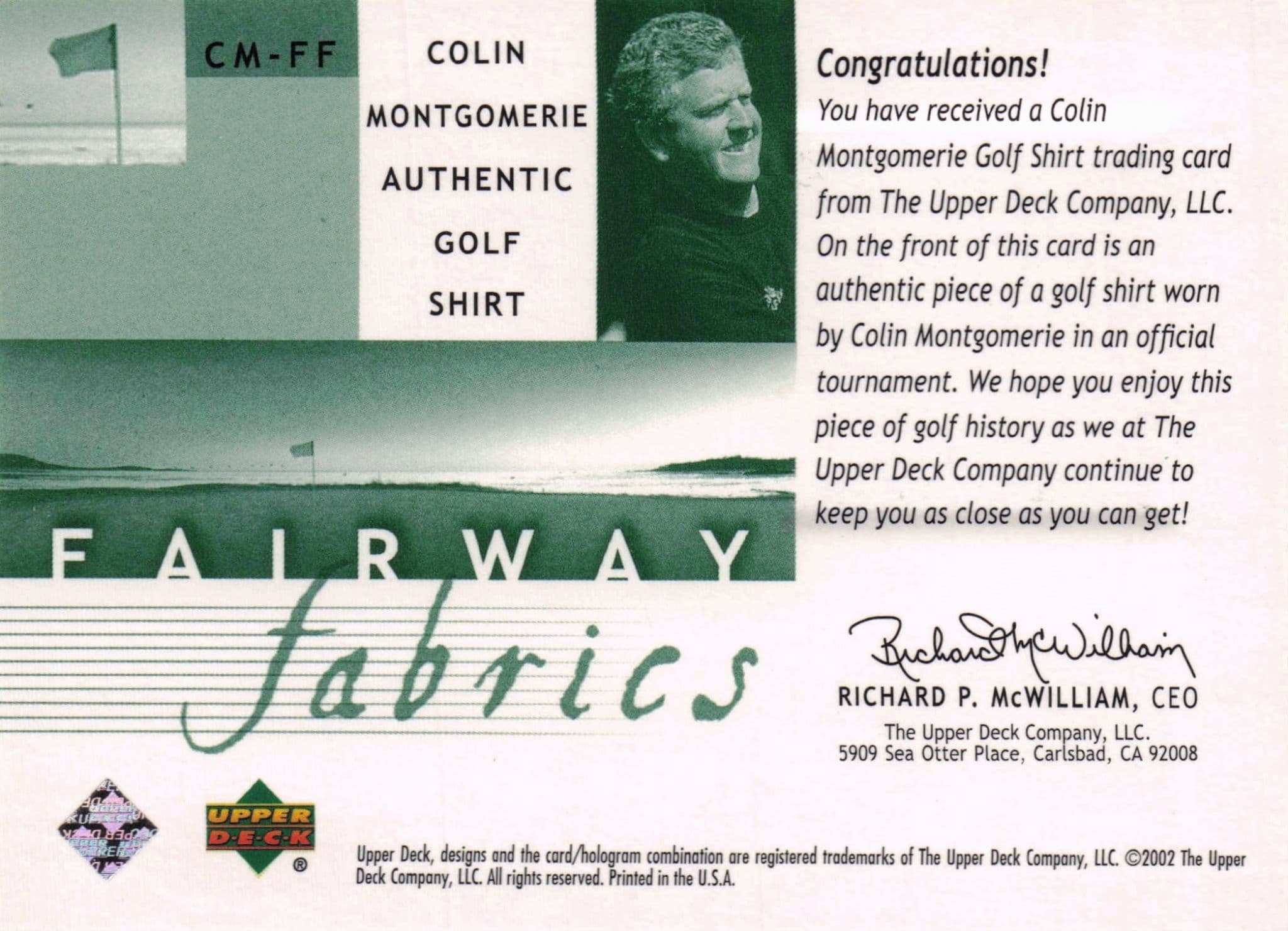 Colin Montgomerie Fairway Fabrics 2002 Golf Upper Deck Real Shirt Relic Card