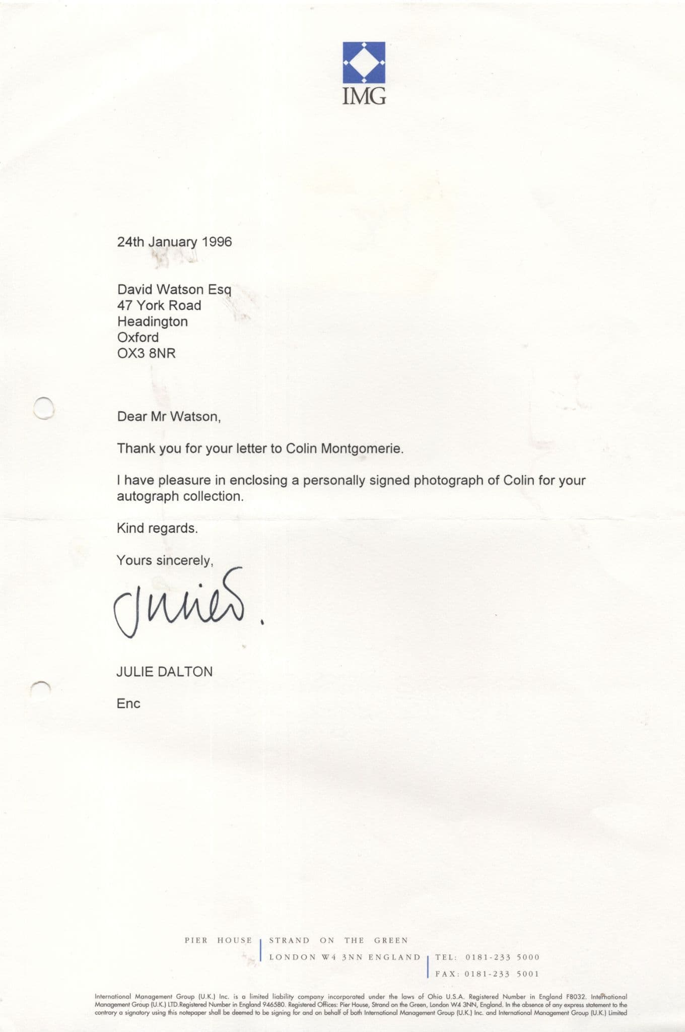 Colin Montgomerie Hand Signed Large Photo & COA Letter