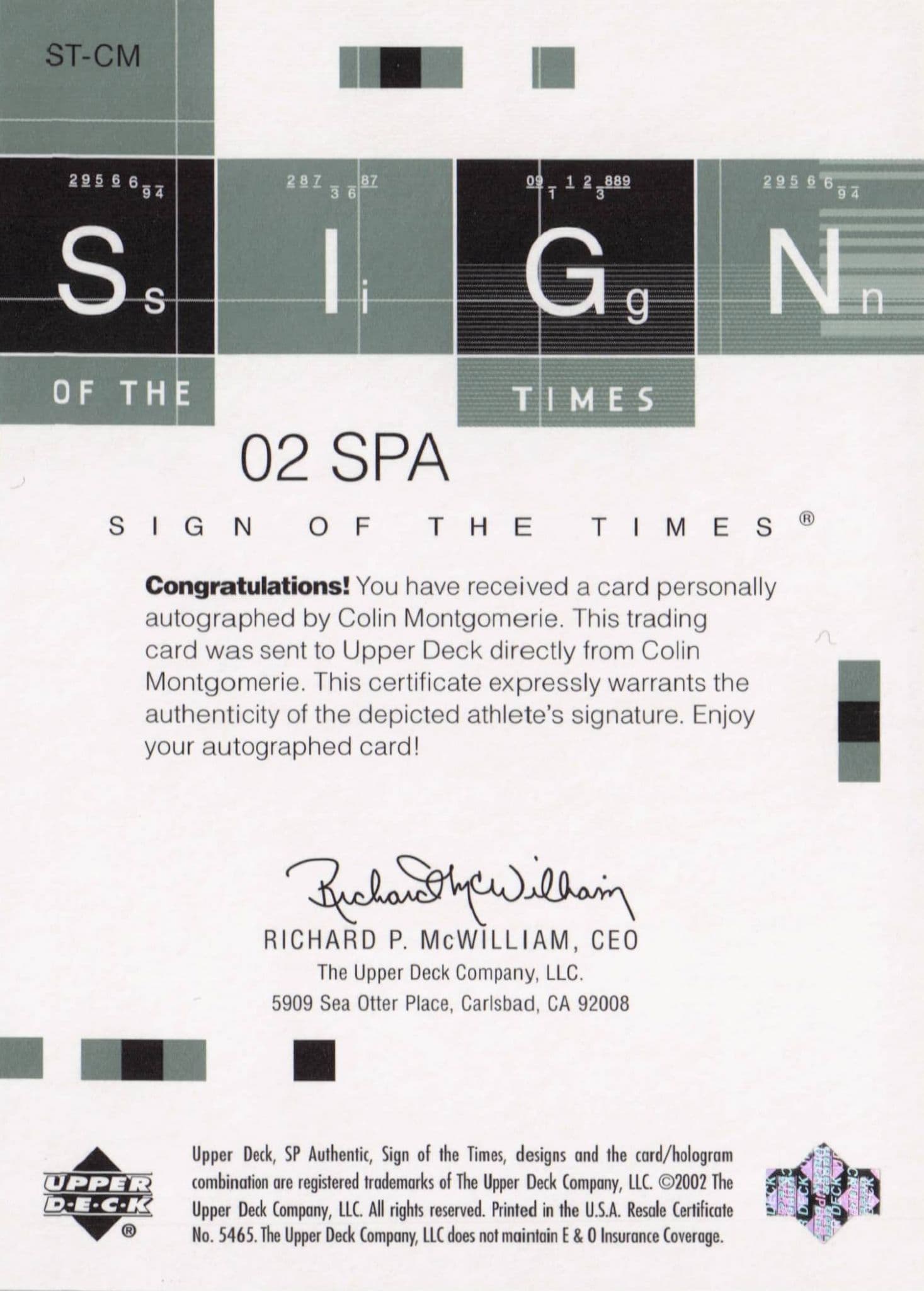 Colin Montgomerie Sign Of The Times Hand Signed 2002 SP Golf Autograph Card
