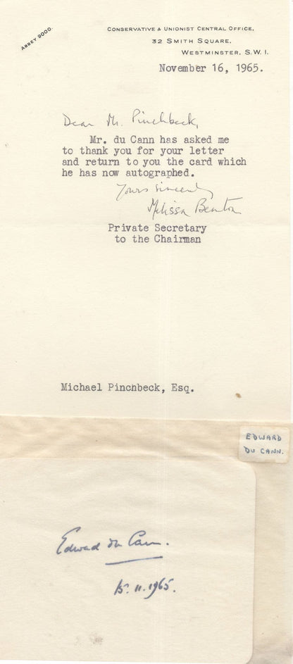 Conservative London Union Edward Du Cann 1965 Hand Signed Letter & Card