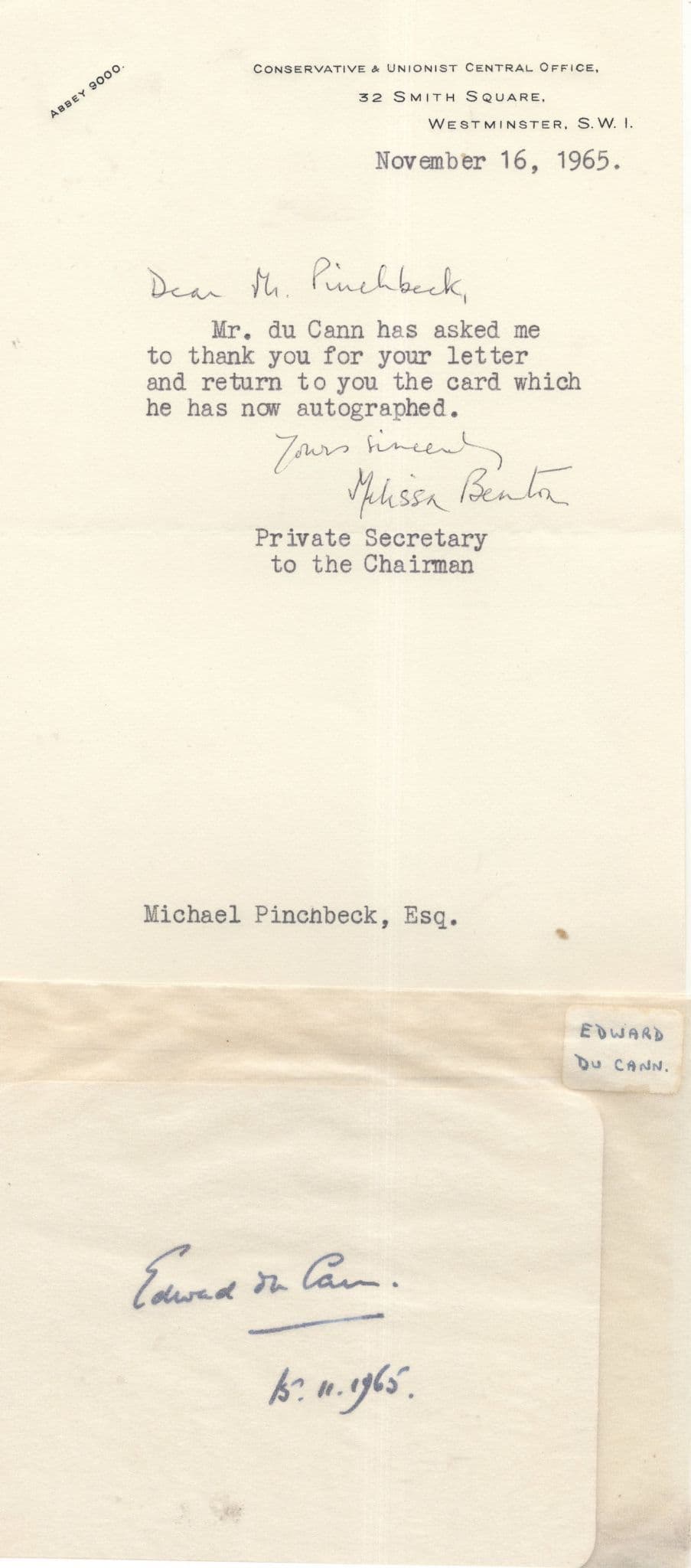 Conservative London Union Edward Du Cann 1965 Hand Signed Letter & Card