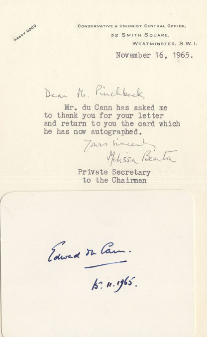 Conservative London Union Edward Du Cann 1965 Hand Signed Letter & Card