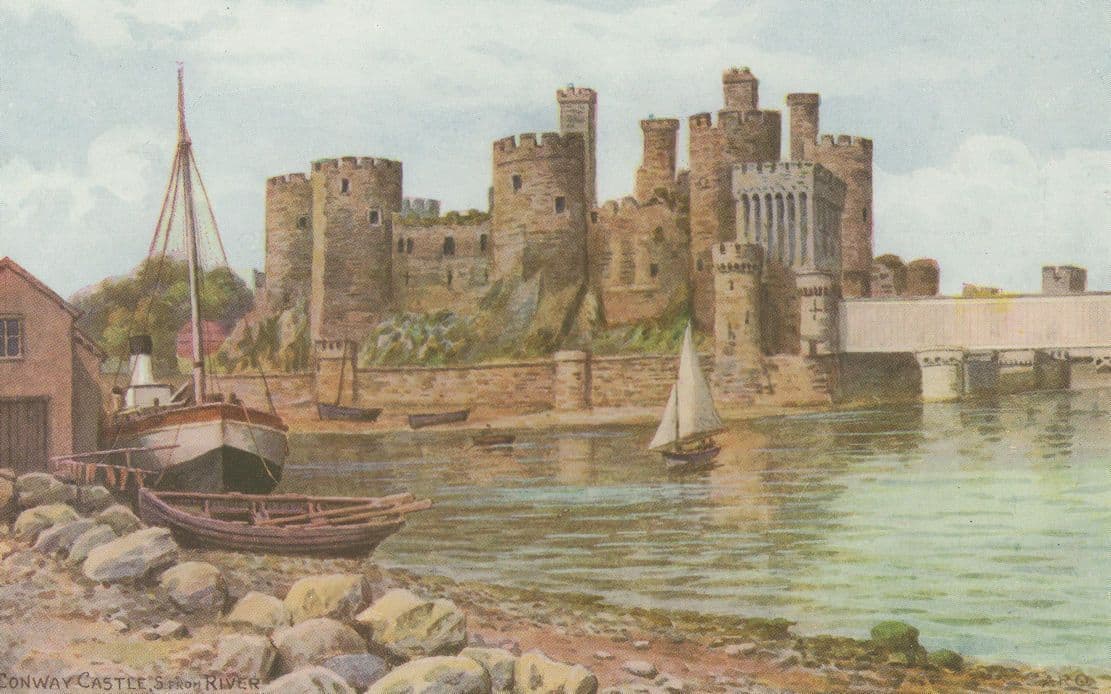 Conway Castle From River Sailing Boat Welsh Salmon Old Painting Postcard