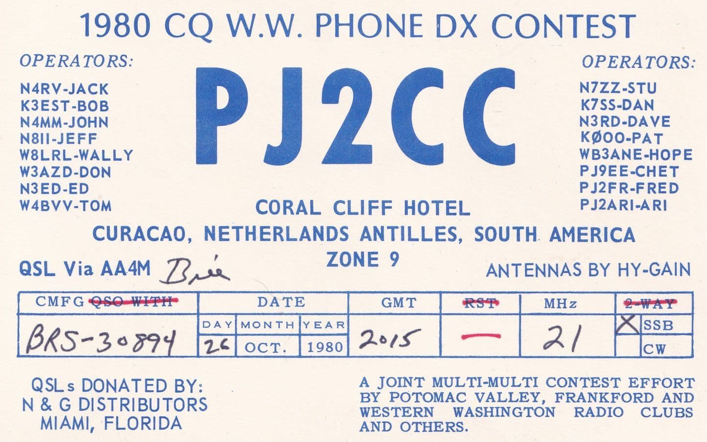 Coral Cliff Hotel Netherlands Antilles South America WW Phone Contest QSL Radio Card