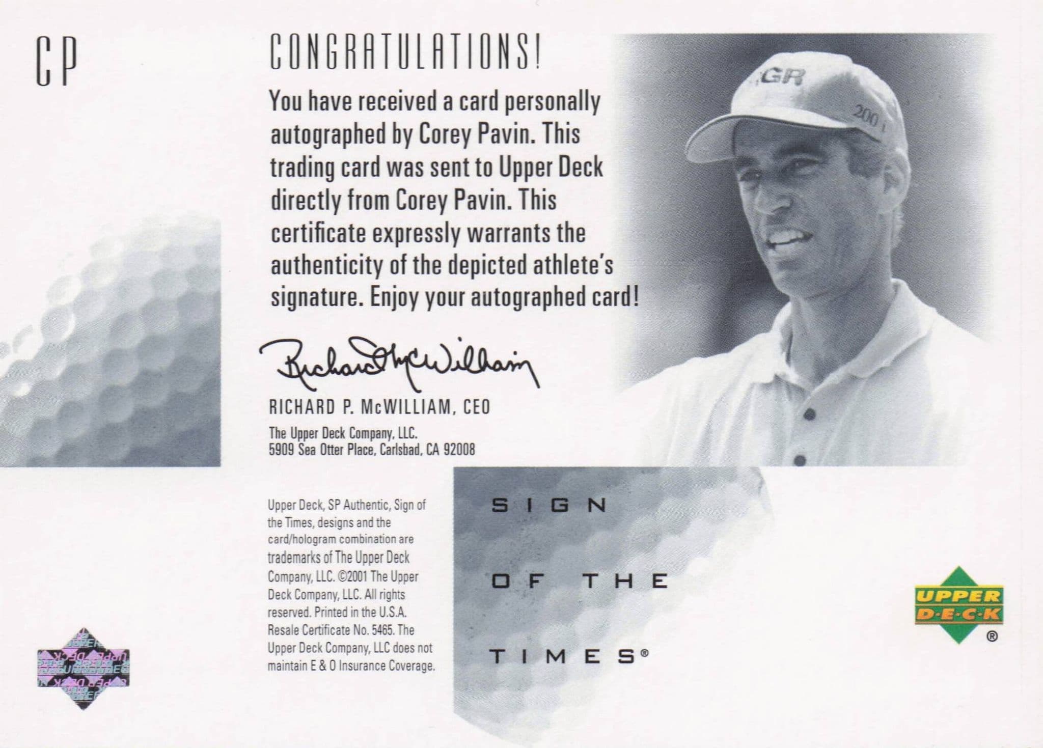 Corey Pavin Sign Of The Times Hand Signed 2001 SP Golf Autograph Card