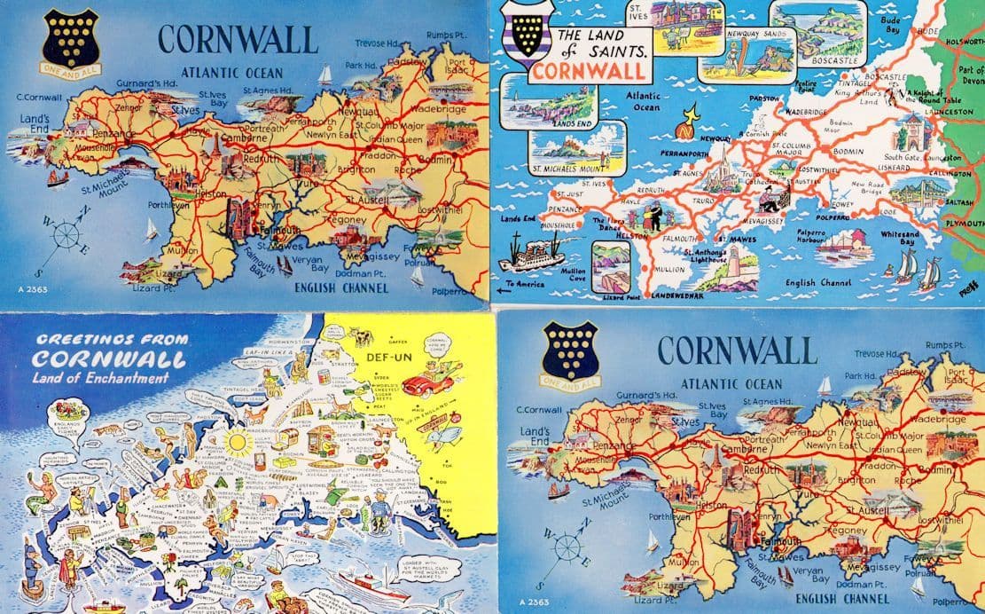 Cornwall 4x 1960s Map Cartography Postcard s