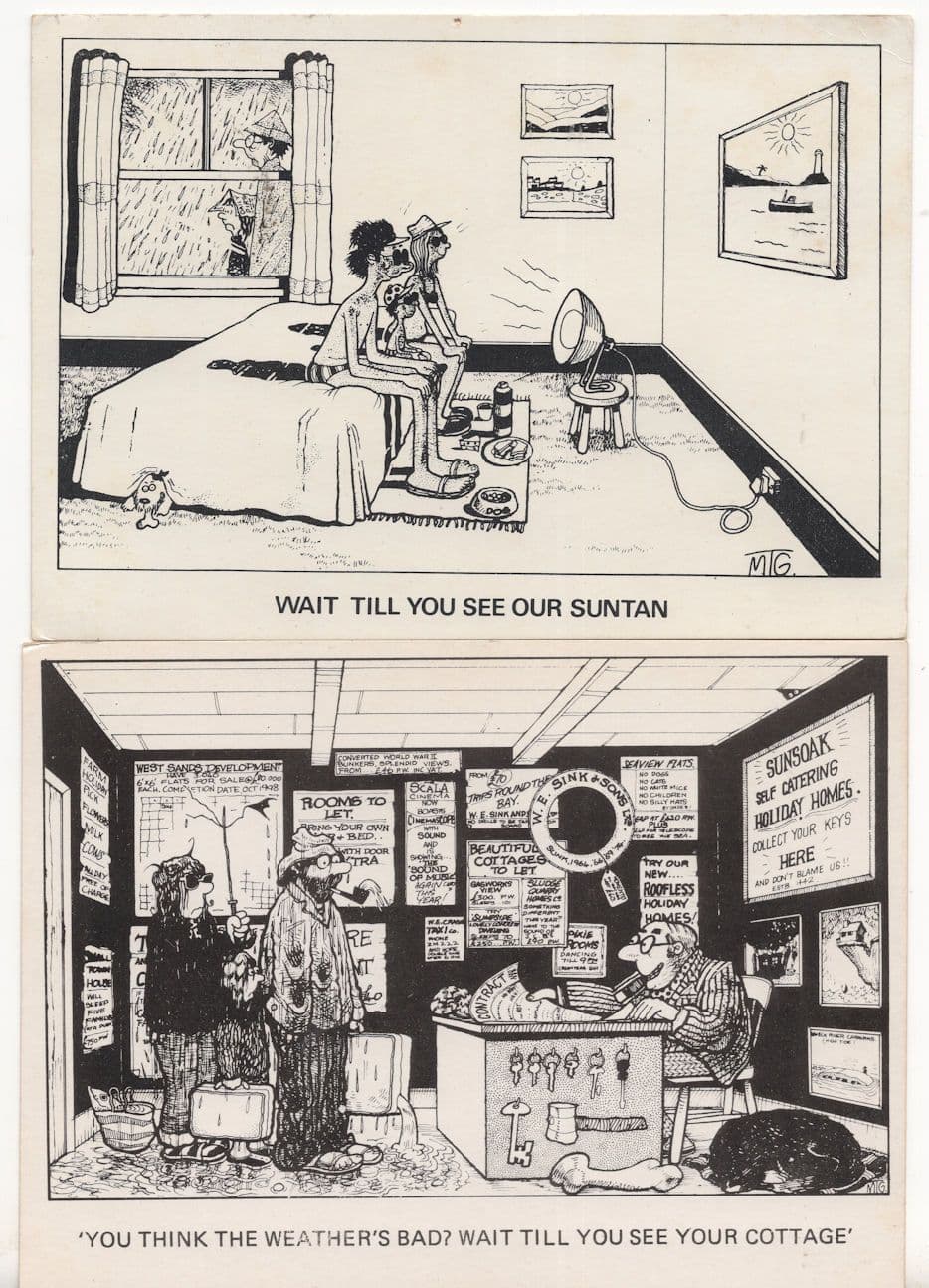 Cornwall Disaster Holiday 2x Comic Postcard s