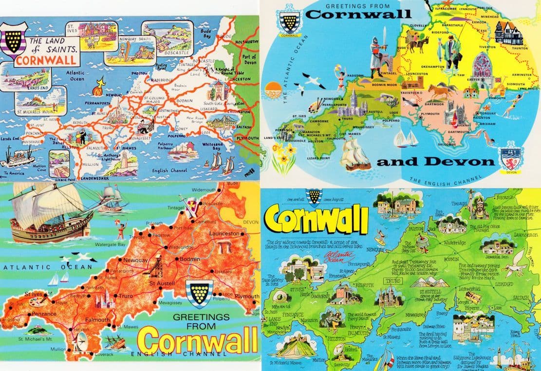 Cornwall Famous People & Places 4x Map Postcard s