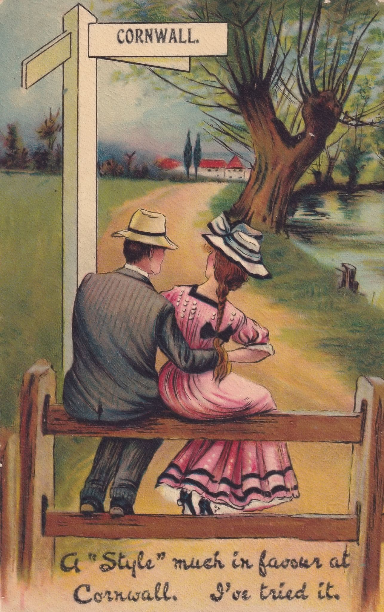 Cornwall Lovers Park Bench Sign Antique Love Romance Postcard