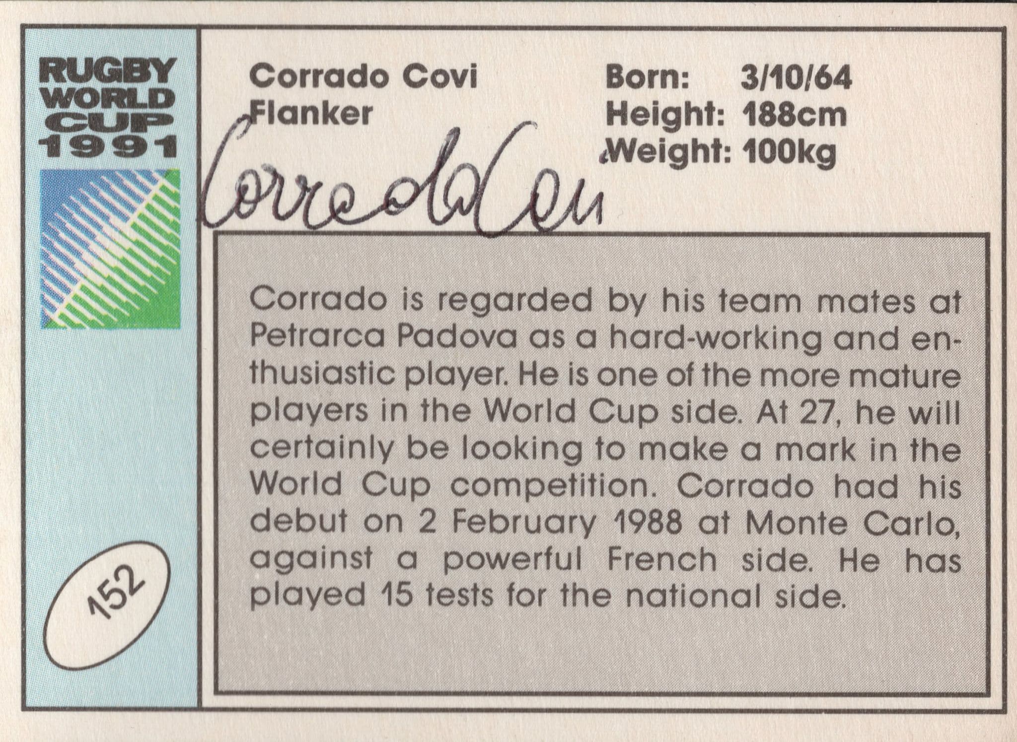 Corrado Covi Italy Hand Signed Rugby 1991 World Cup Card Photo