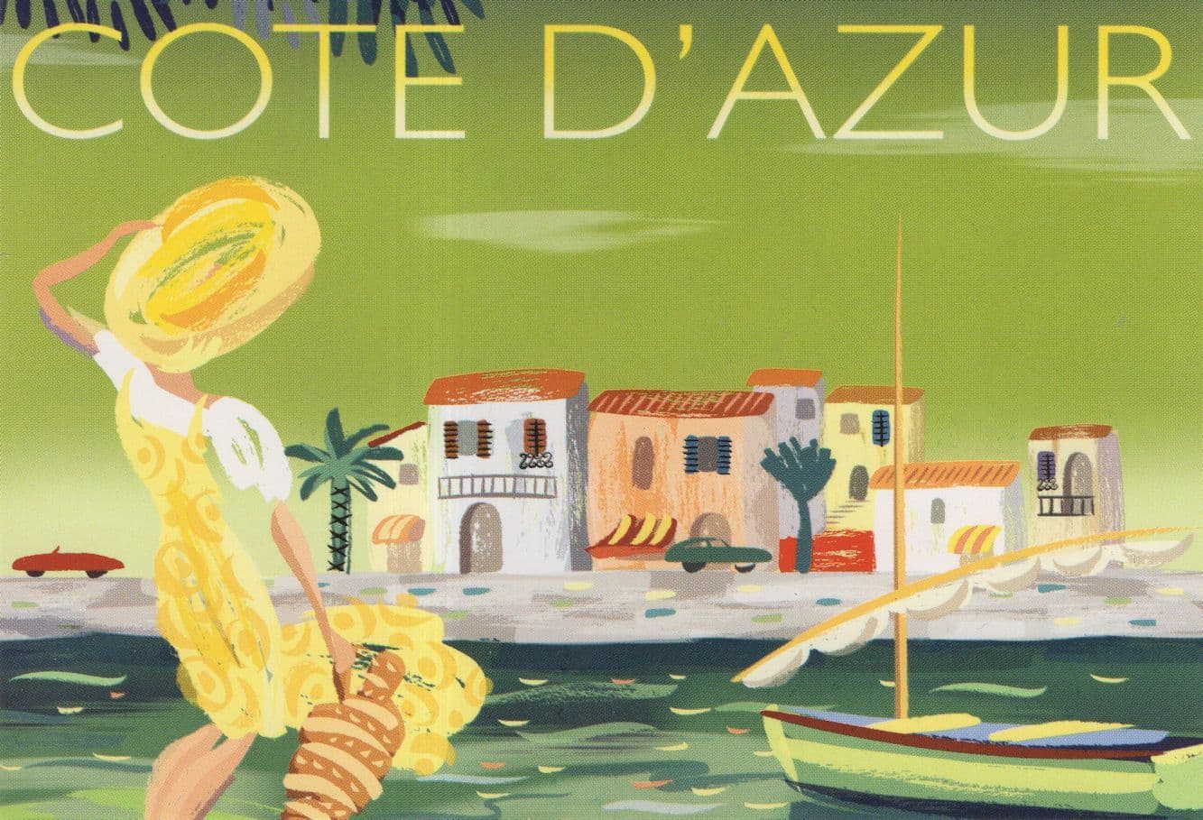 Cote D'Azur French River Boats Sexy Lady Glamour Travel Painting Postcard