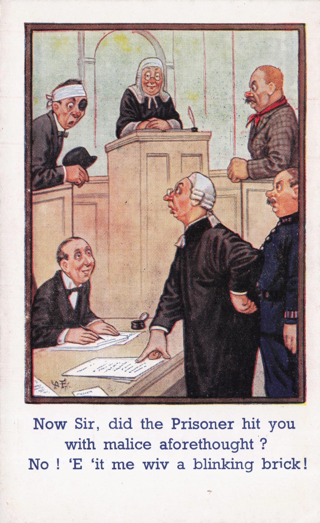 Court Case Prisoner Black Eye Hit By Brick Old Comic Postcard