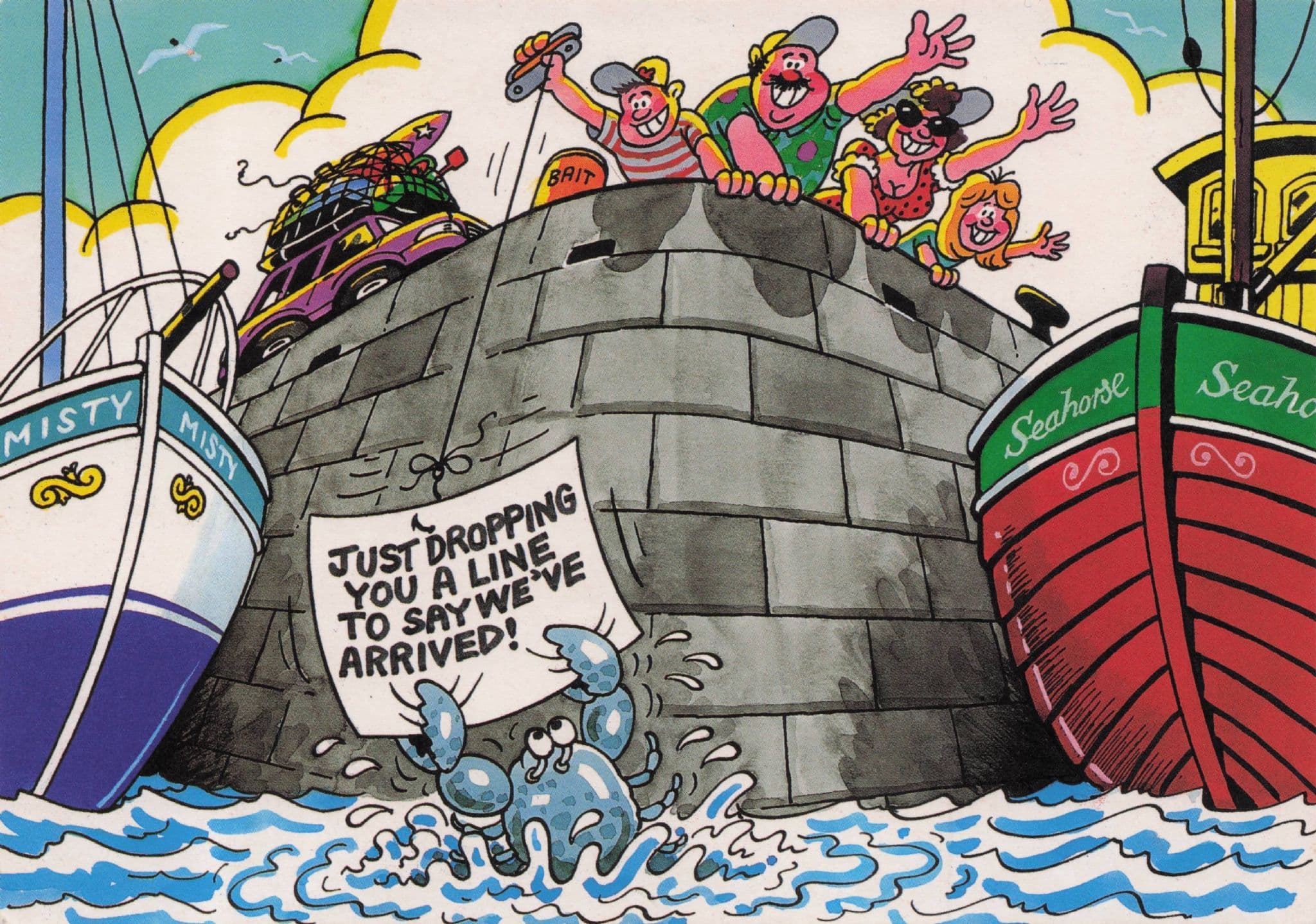 Crab Fish Dancing Seahorse Giant Ship We've Arrived Holiday Comic Postcard
